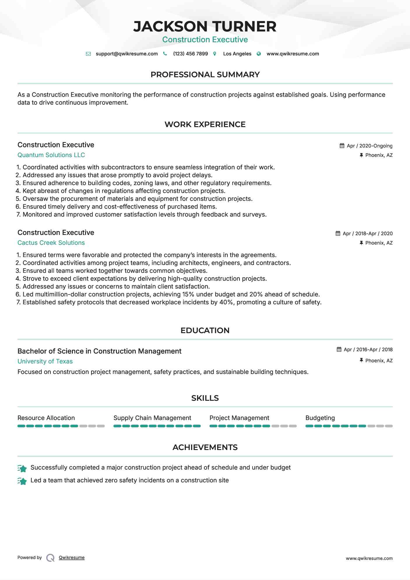 Construction Executive Resume Model