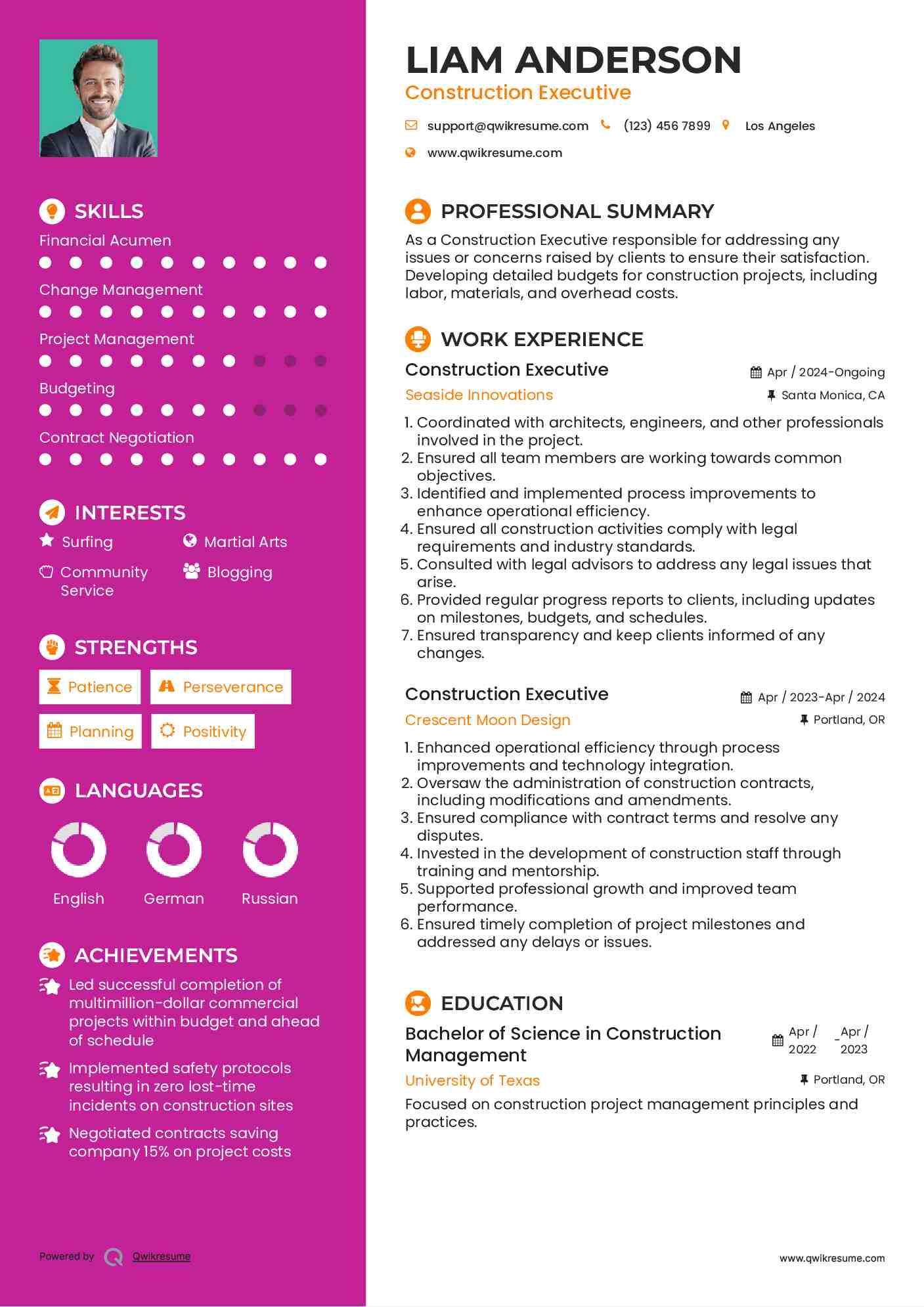 Construction Executive Resume Sample