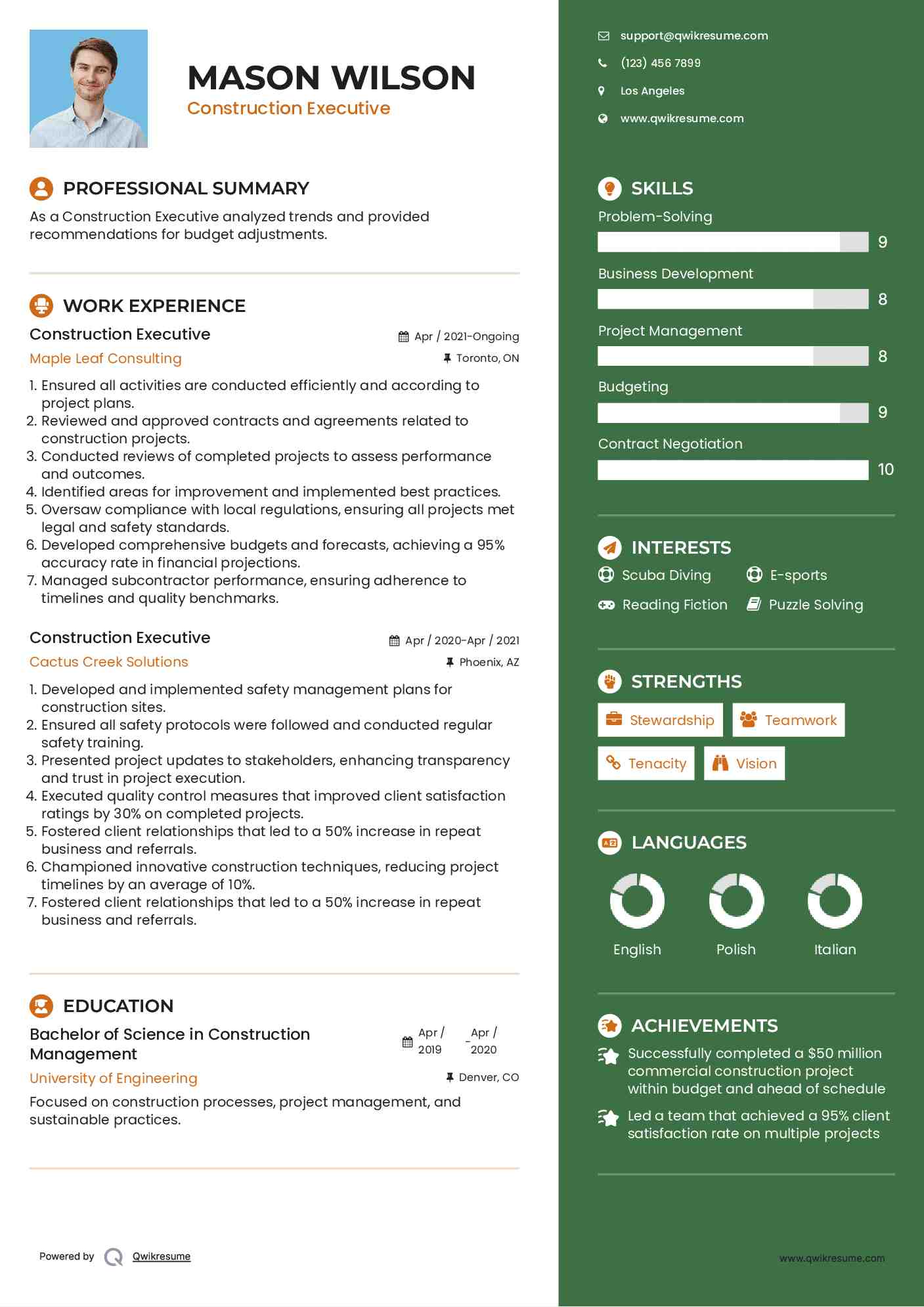 Construction Executive Resume Format