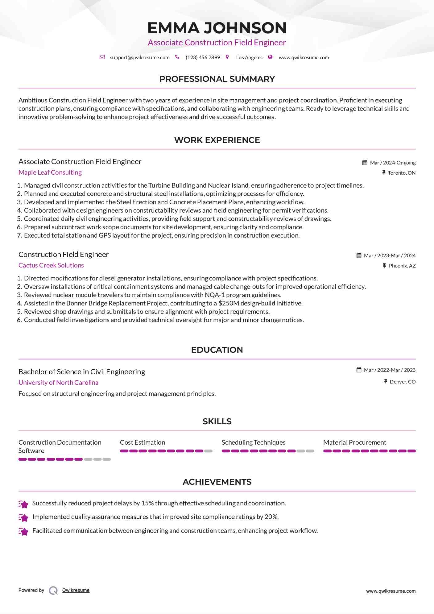 Associate Construction Field Engineer Resume Template