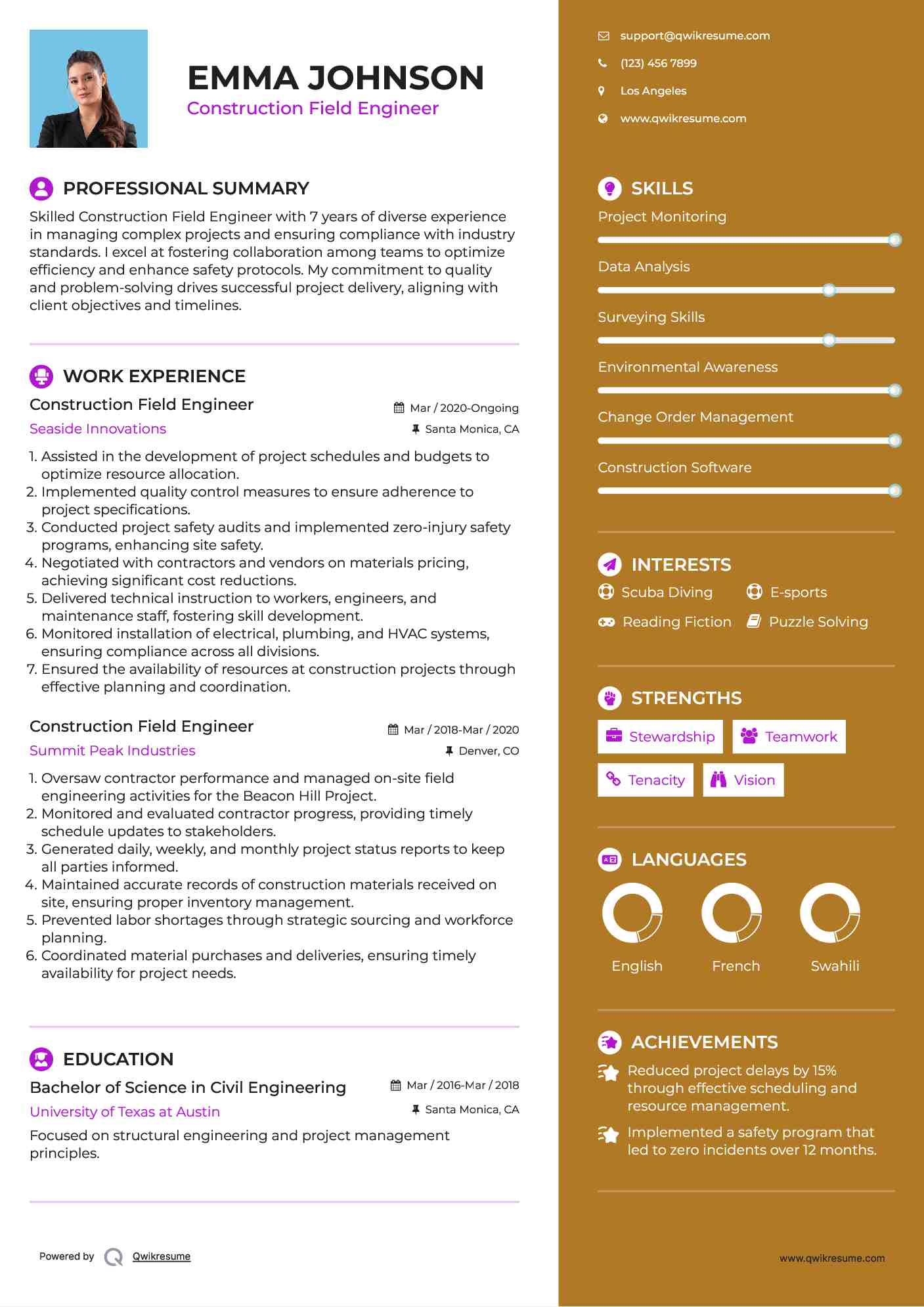 Construction Field Engineer Resume Template