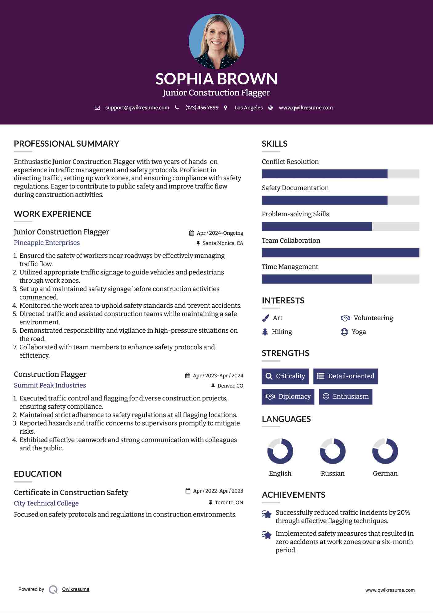 Junior Construction Flagger Resume Sample