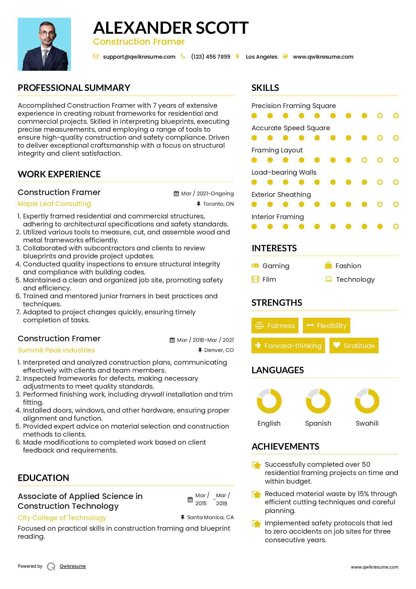 Construction Framer Resume Model