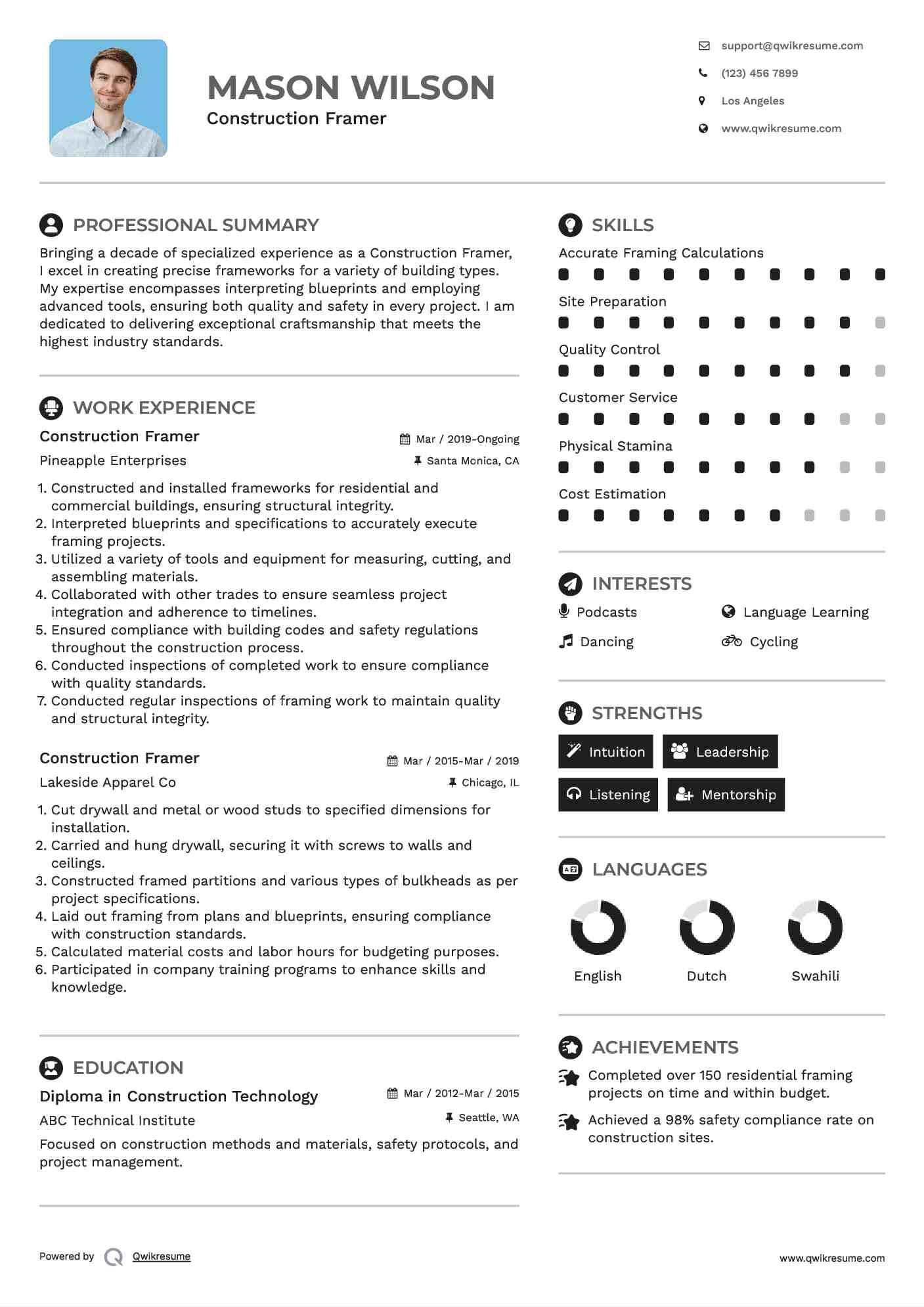 Construction Framer Resume Example
