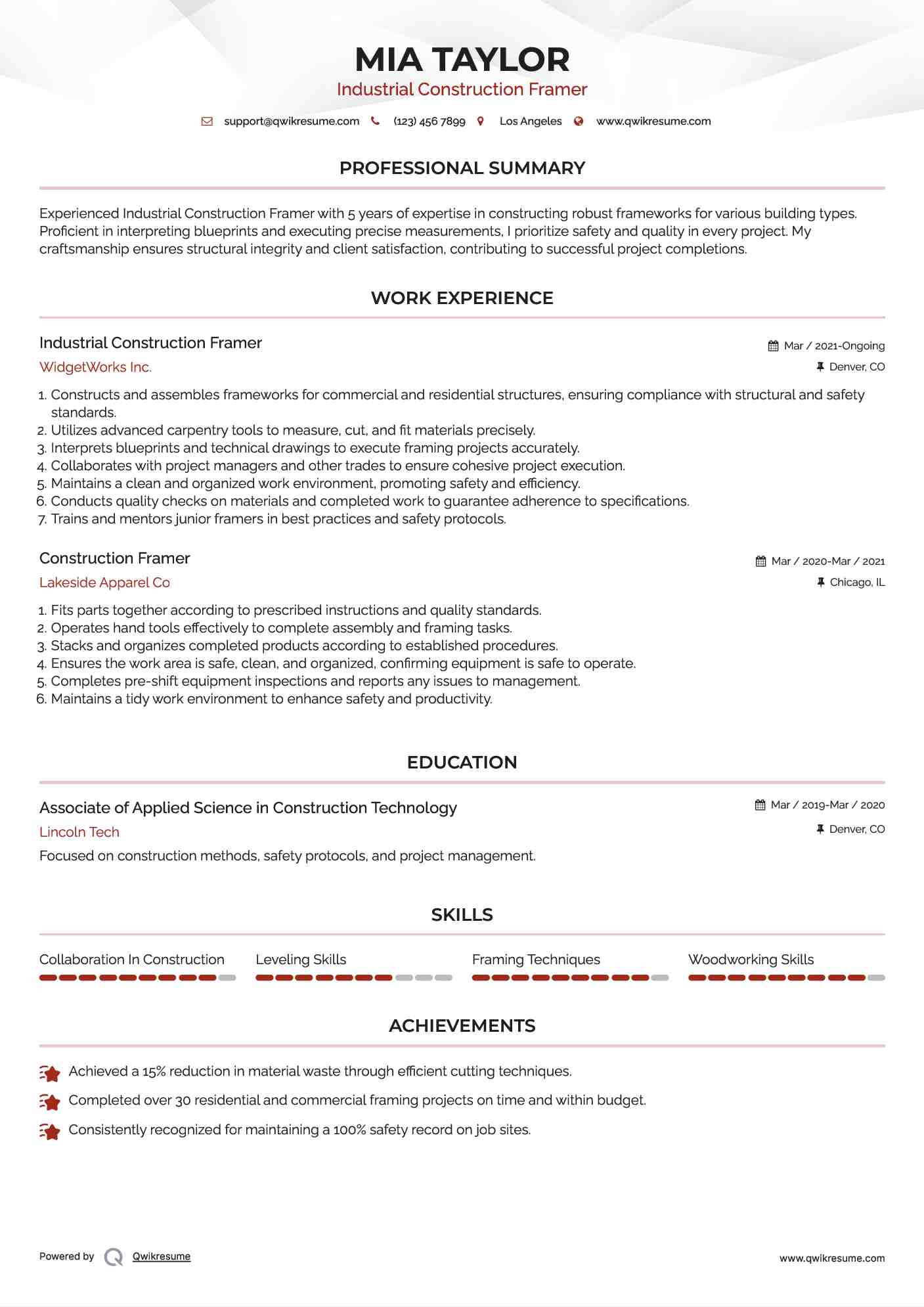 Industrial Construction Framer Resume Sample