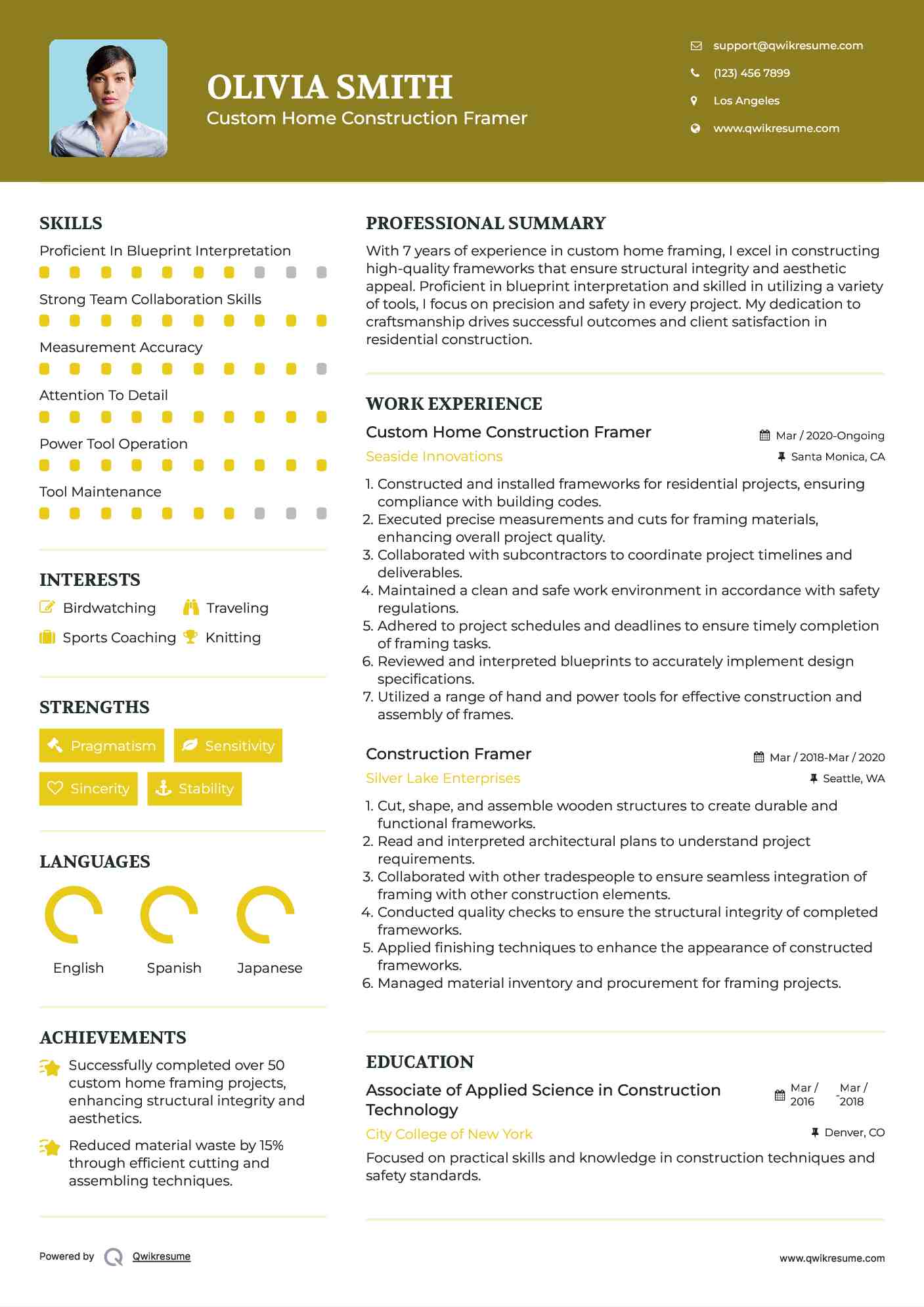 Custom Home Construction Framer Resume Model