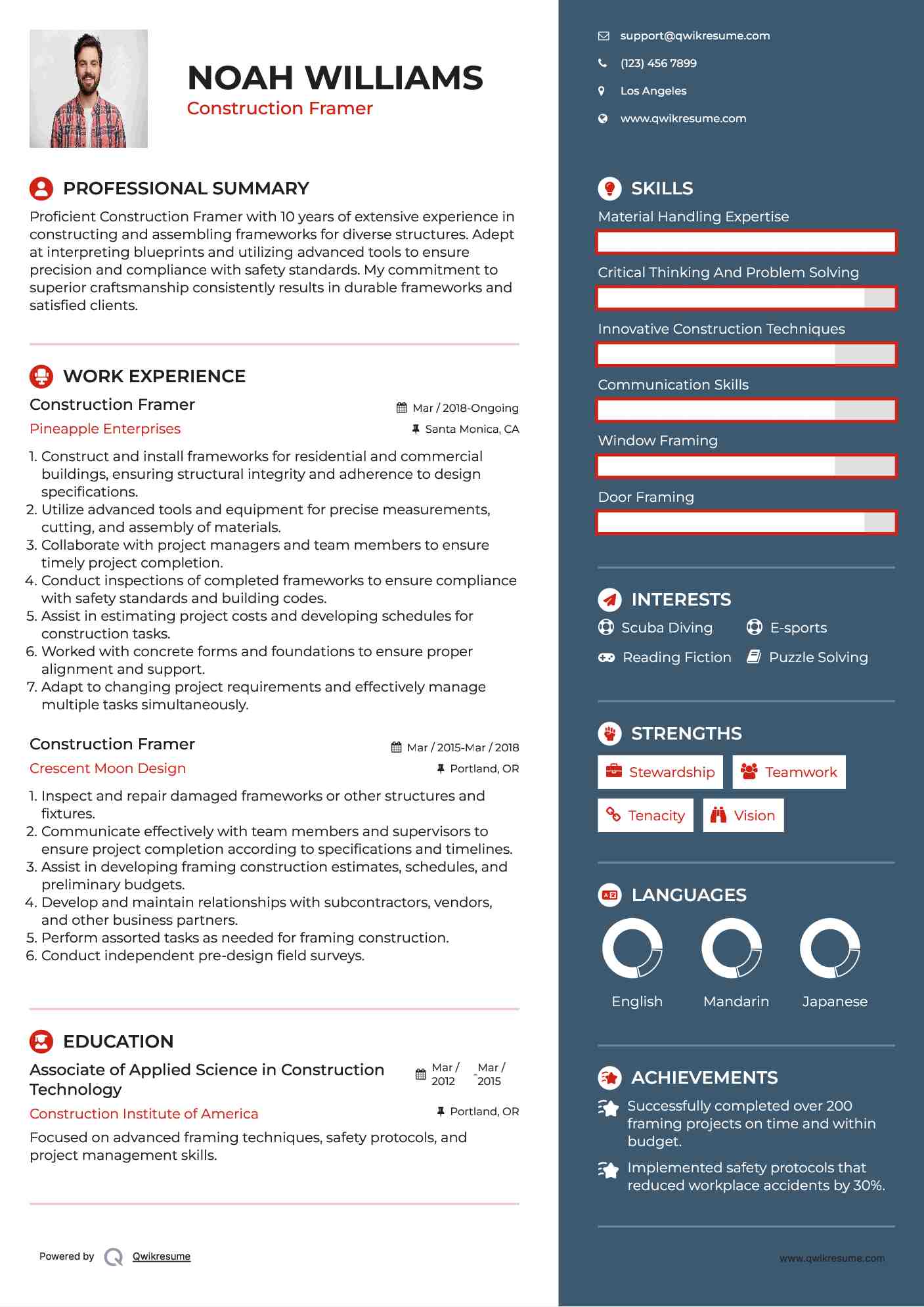 Construction Framer Resume Sample