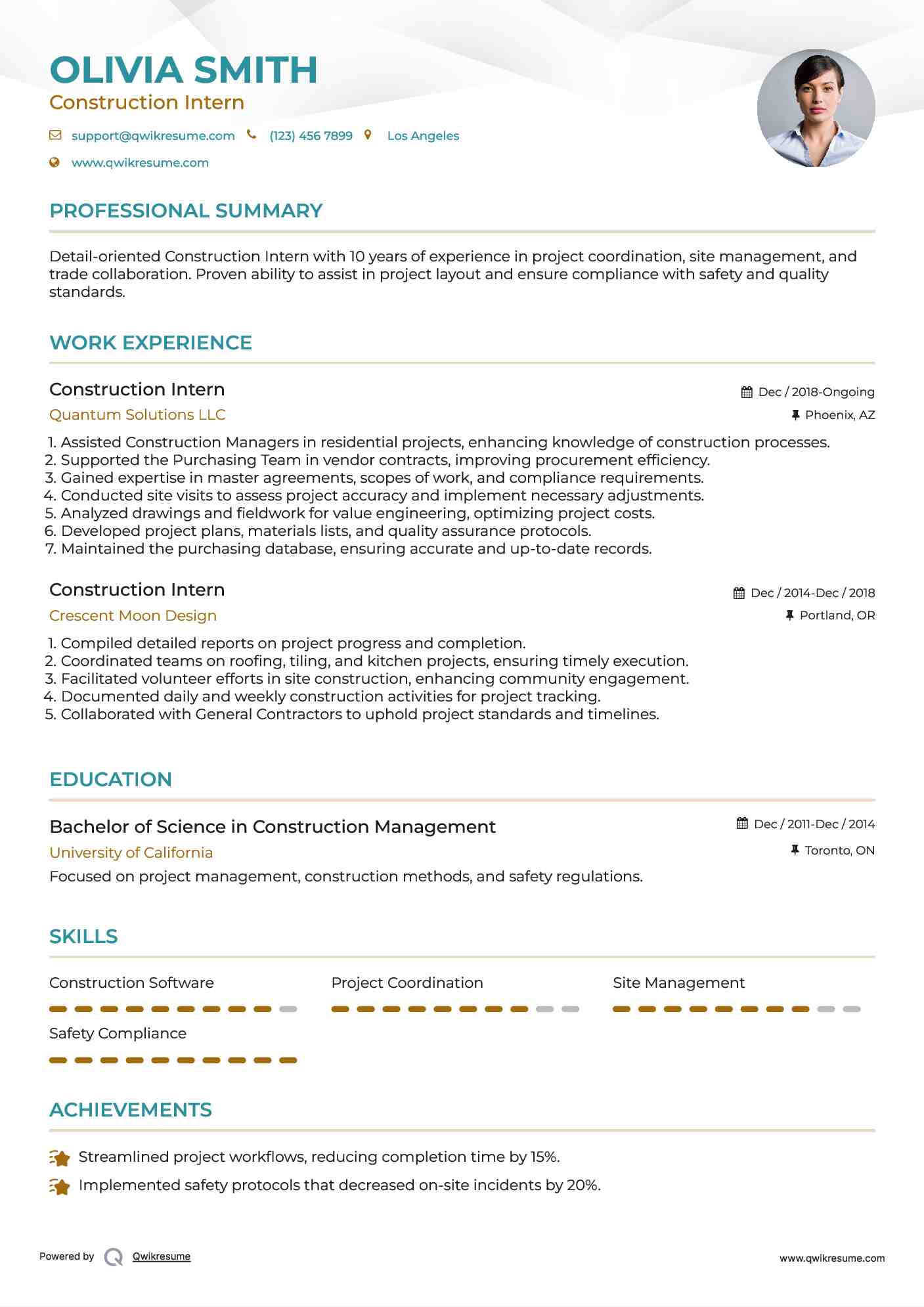 Construction Intern Resume Template
