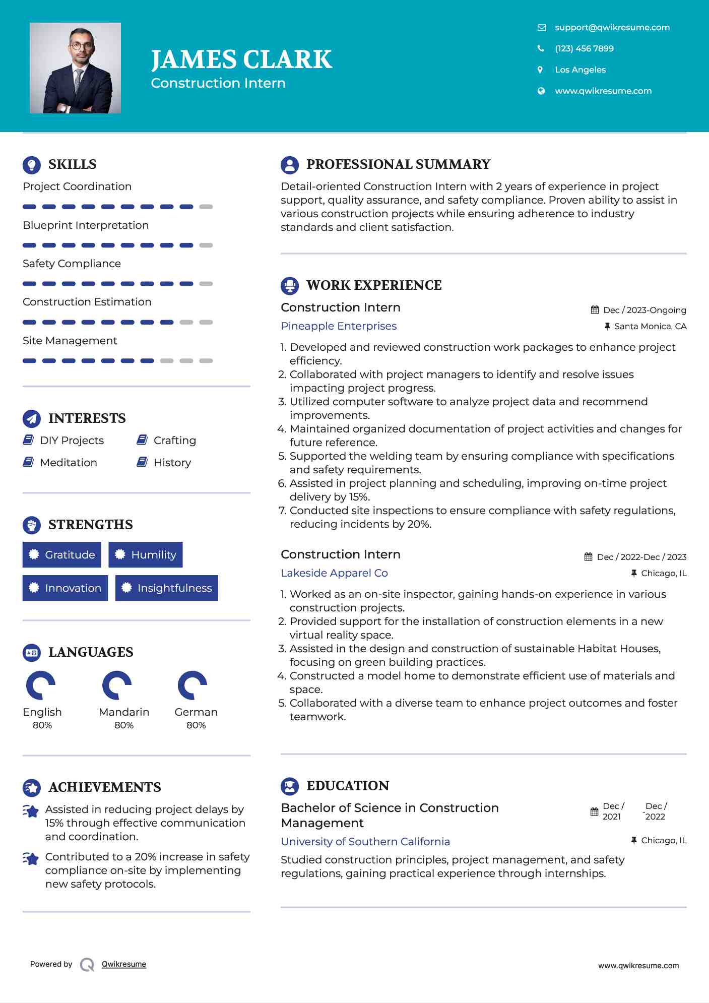 Construction Intern Resume Example