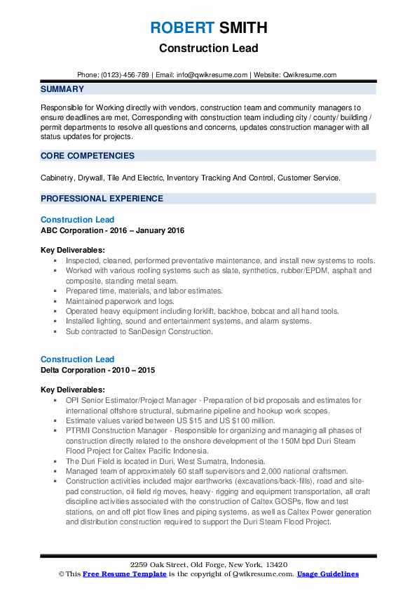Construction Lead Resume Samples QwikResume