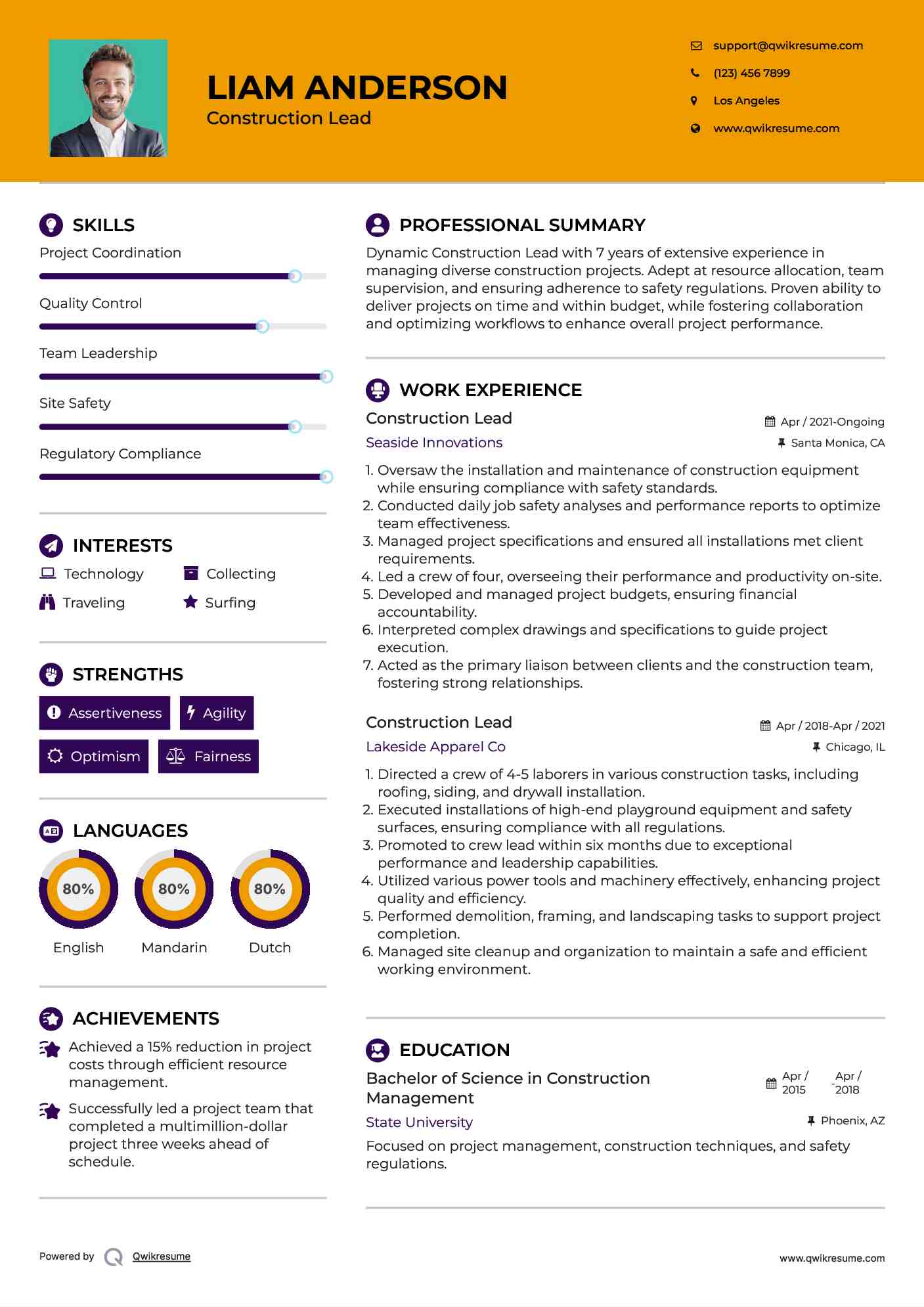 Construction Lead Resume Example