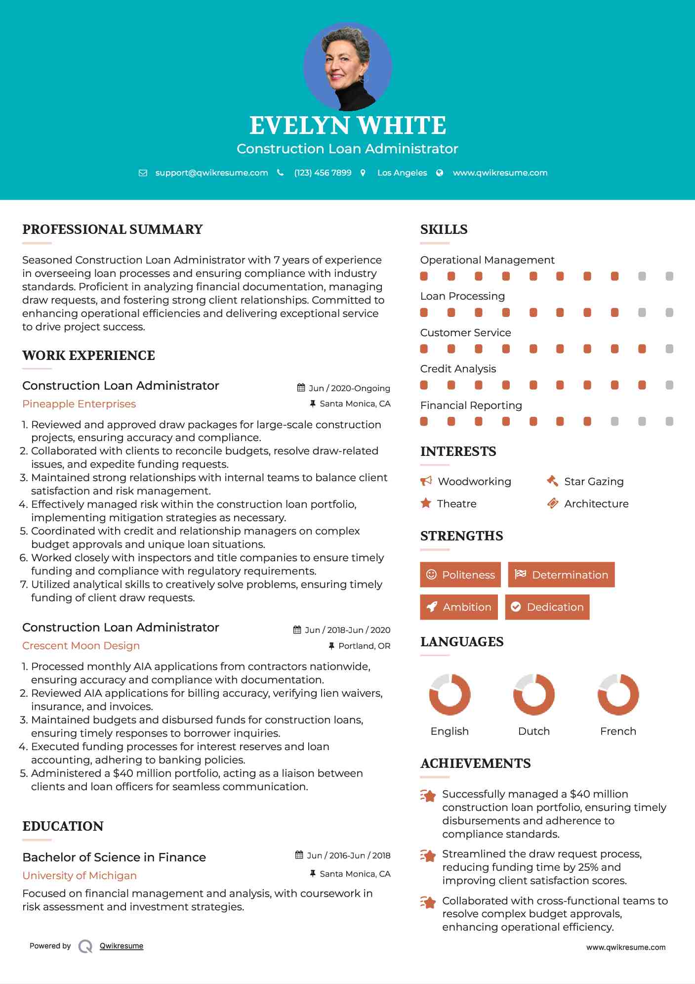 Construction Loan Administrator Resume Sample