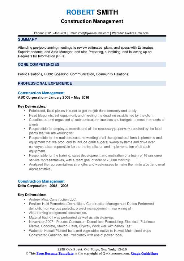 Construction Management Resume - Construction Management 1612194204 Pdf