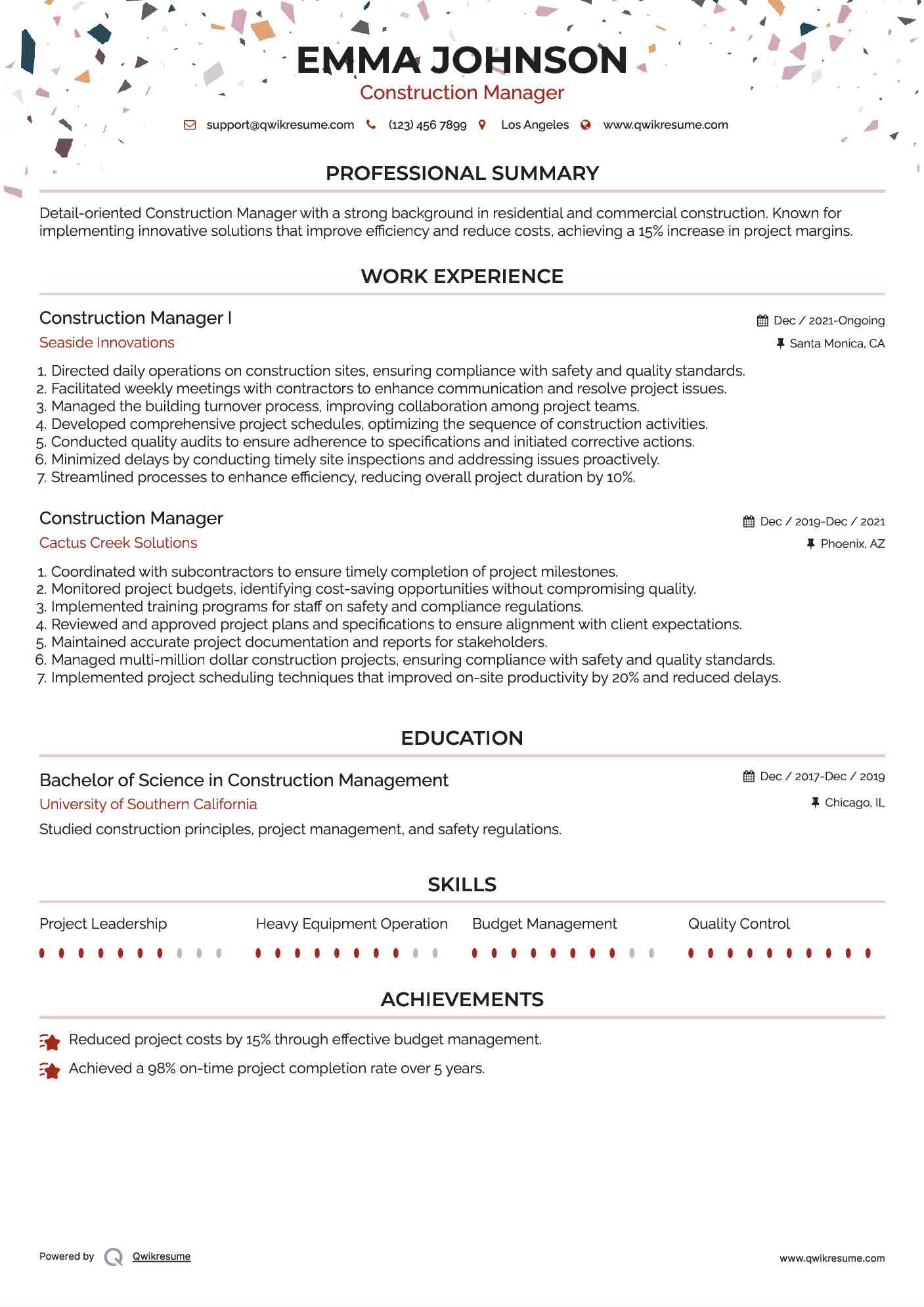 Construction Manager I Resume Sample