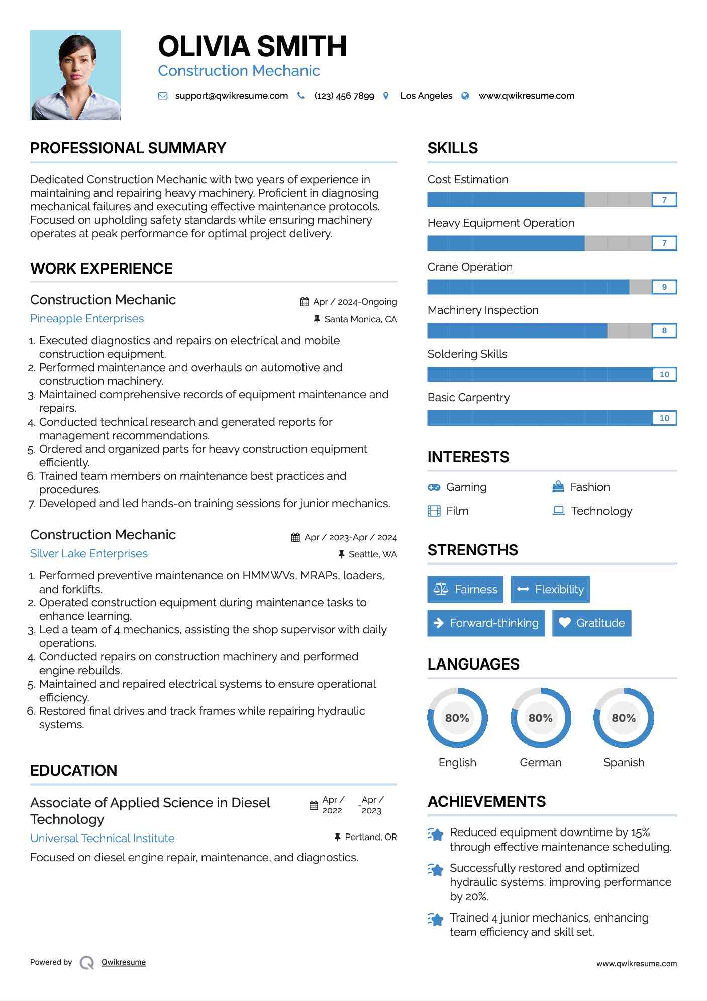 Construction Mechanic Resume Example