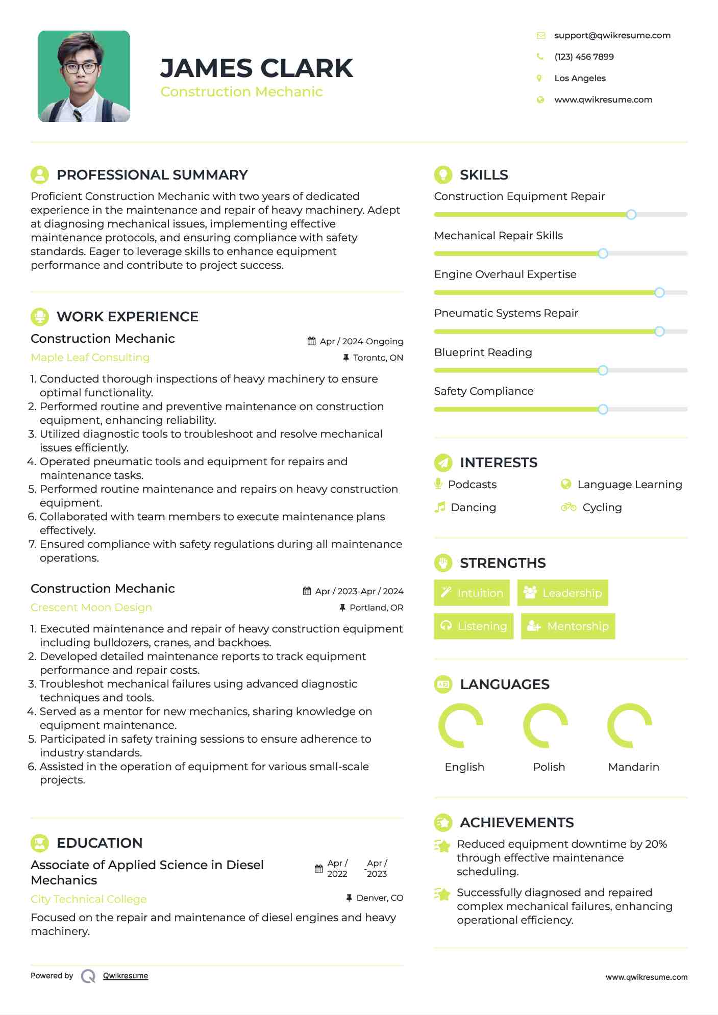 Construction Mechanic Resume Example