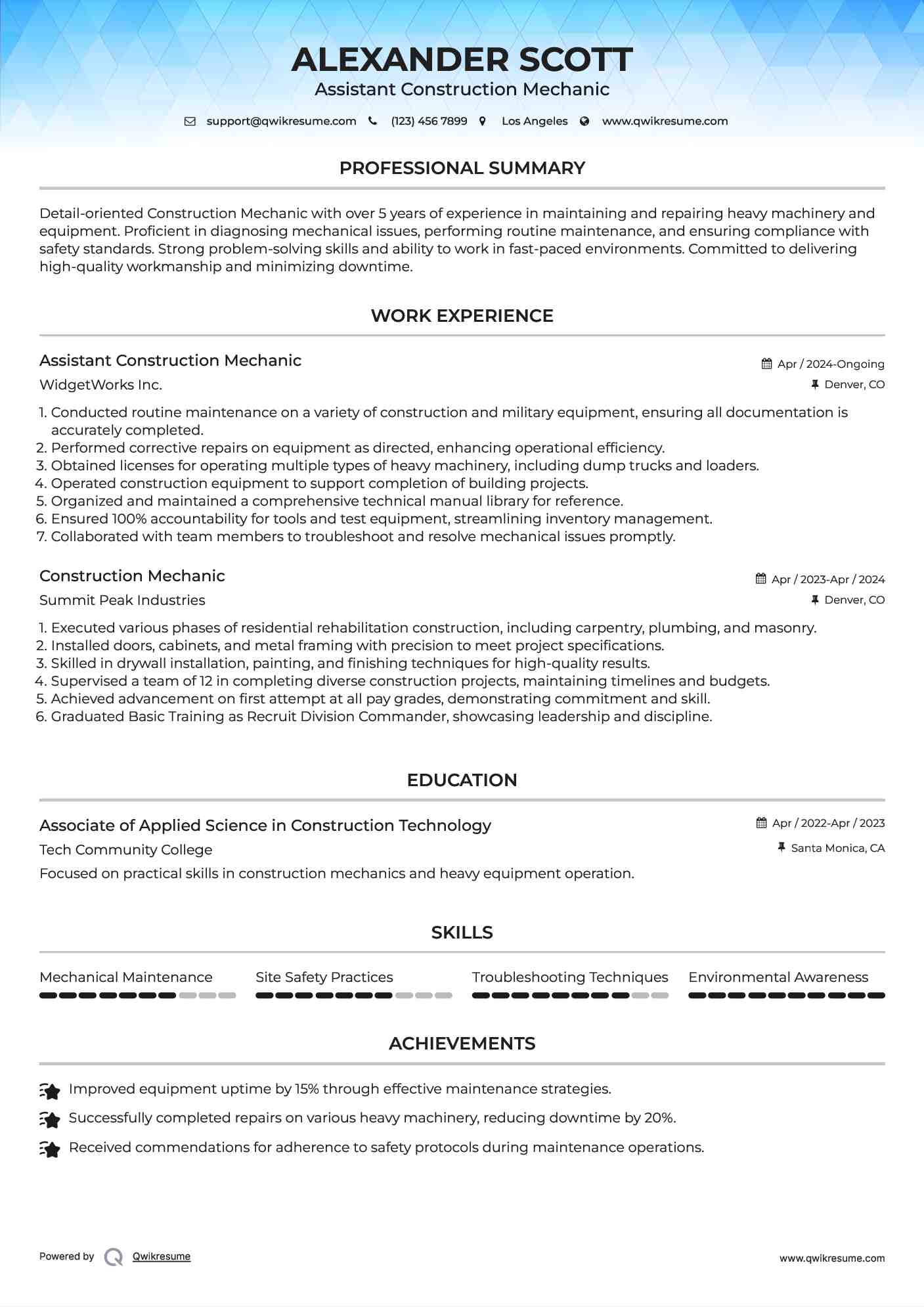 Assistant Construction Mechanic Resume Sample