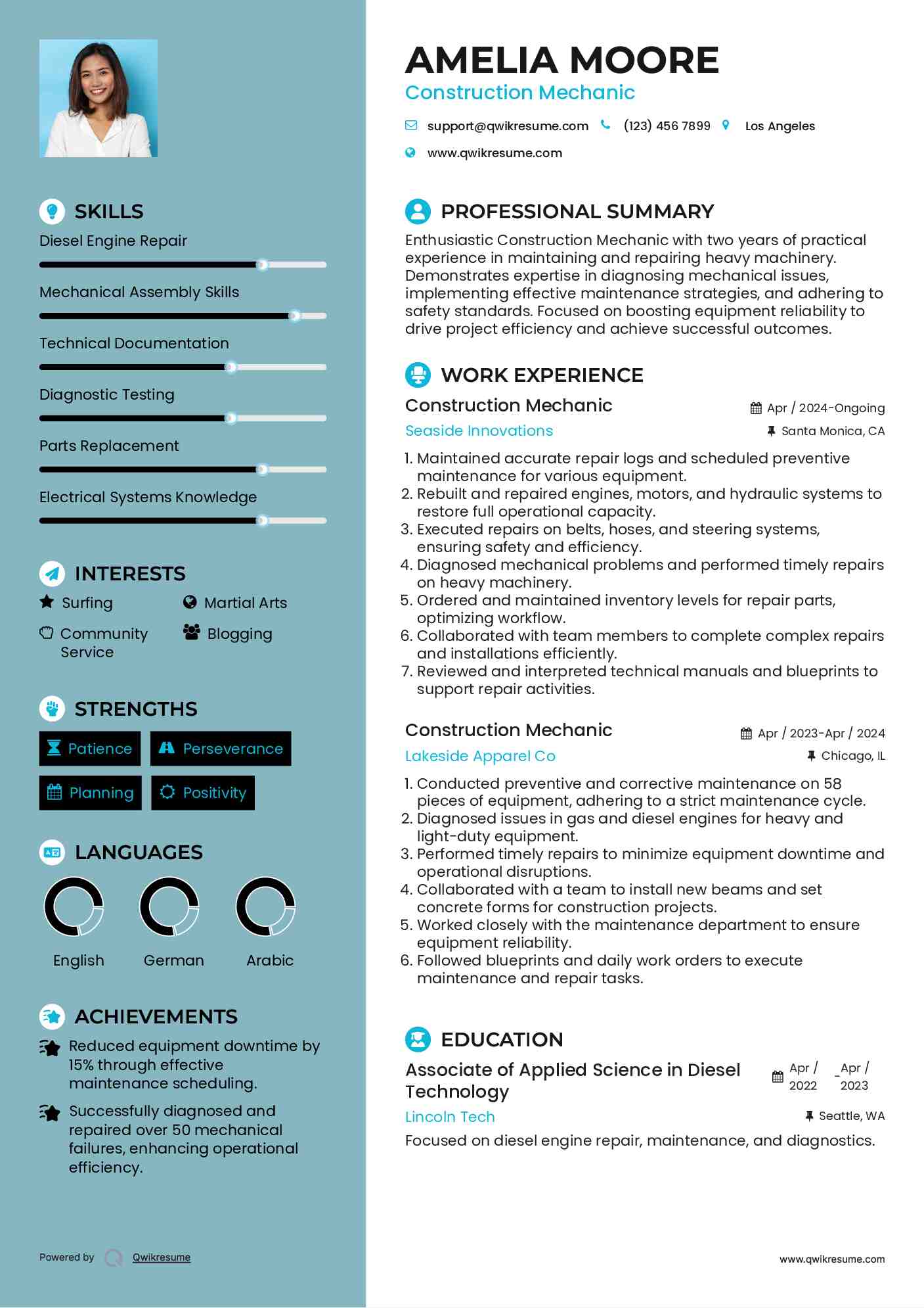 Construction Mechanic Resume Example