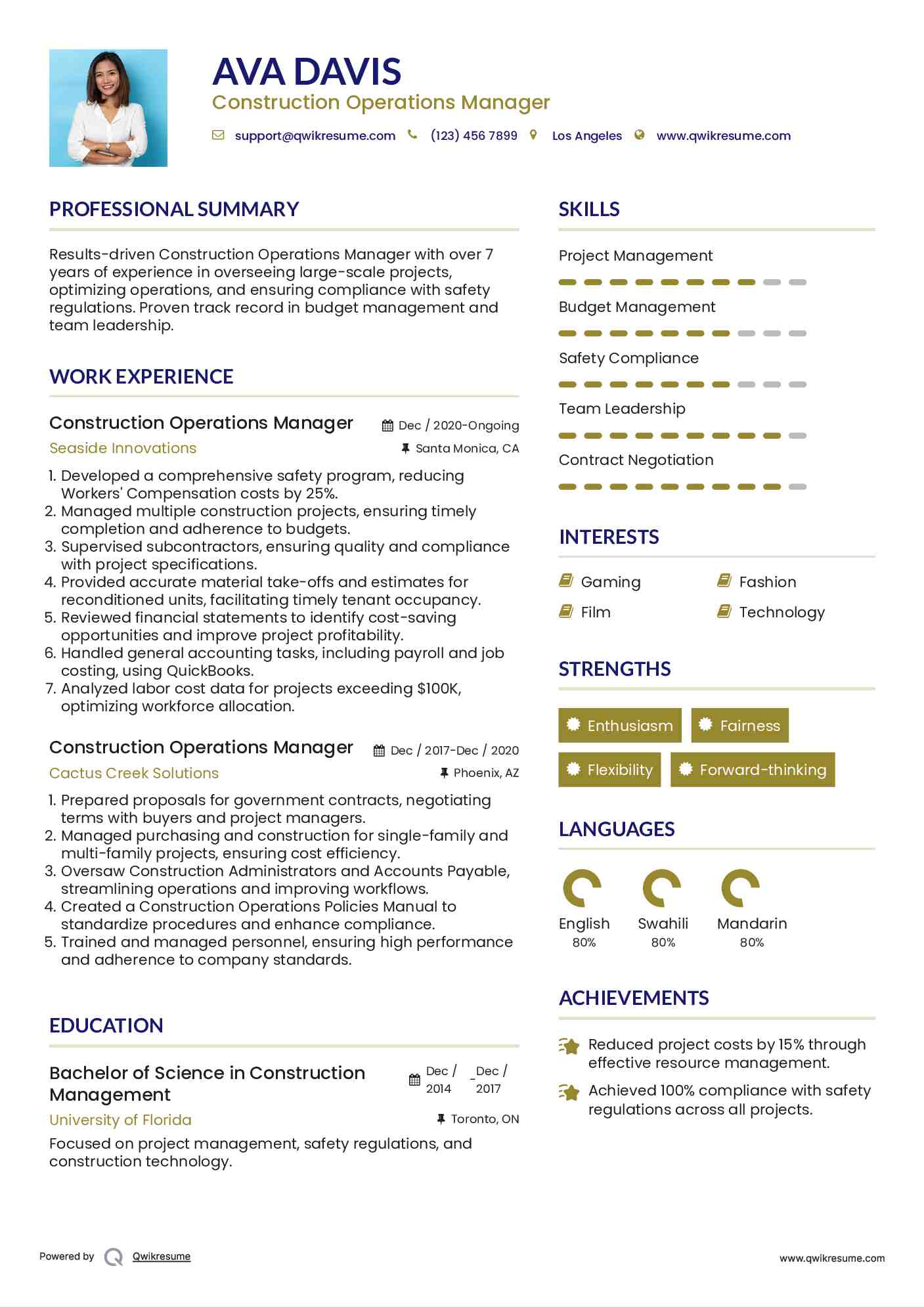 Construction Operations Manager Resume Sample