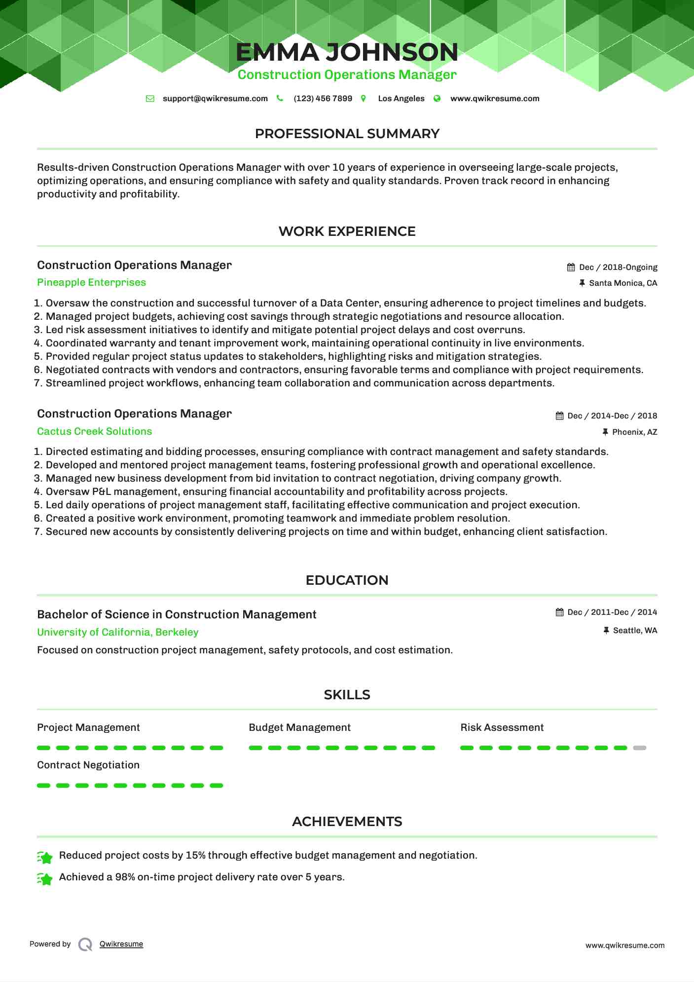 Construction Operations Manager Resume Model