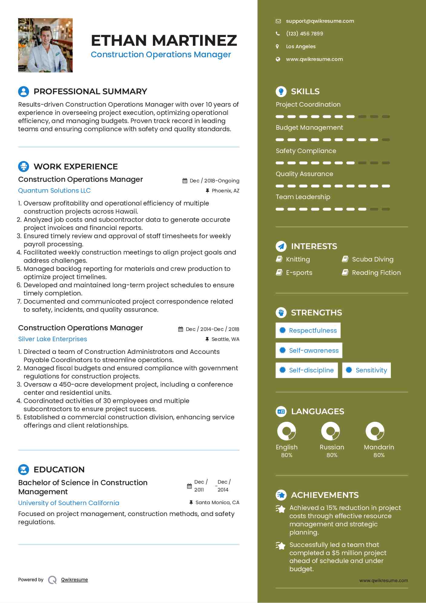 Construction Operations Manager Resume Sample