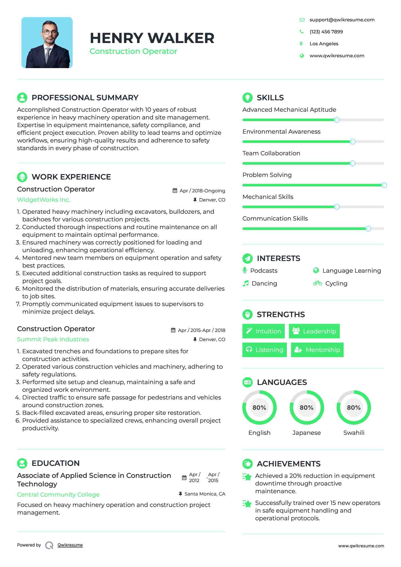 Construction Operator Resume Format