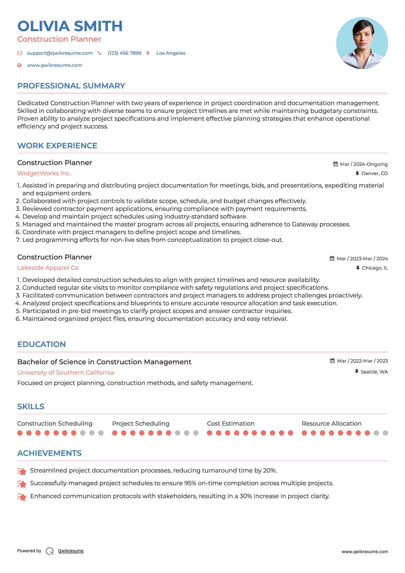 Construction Planner Resume Format