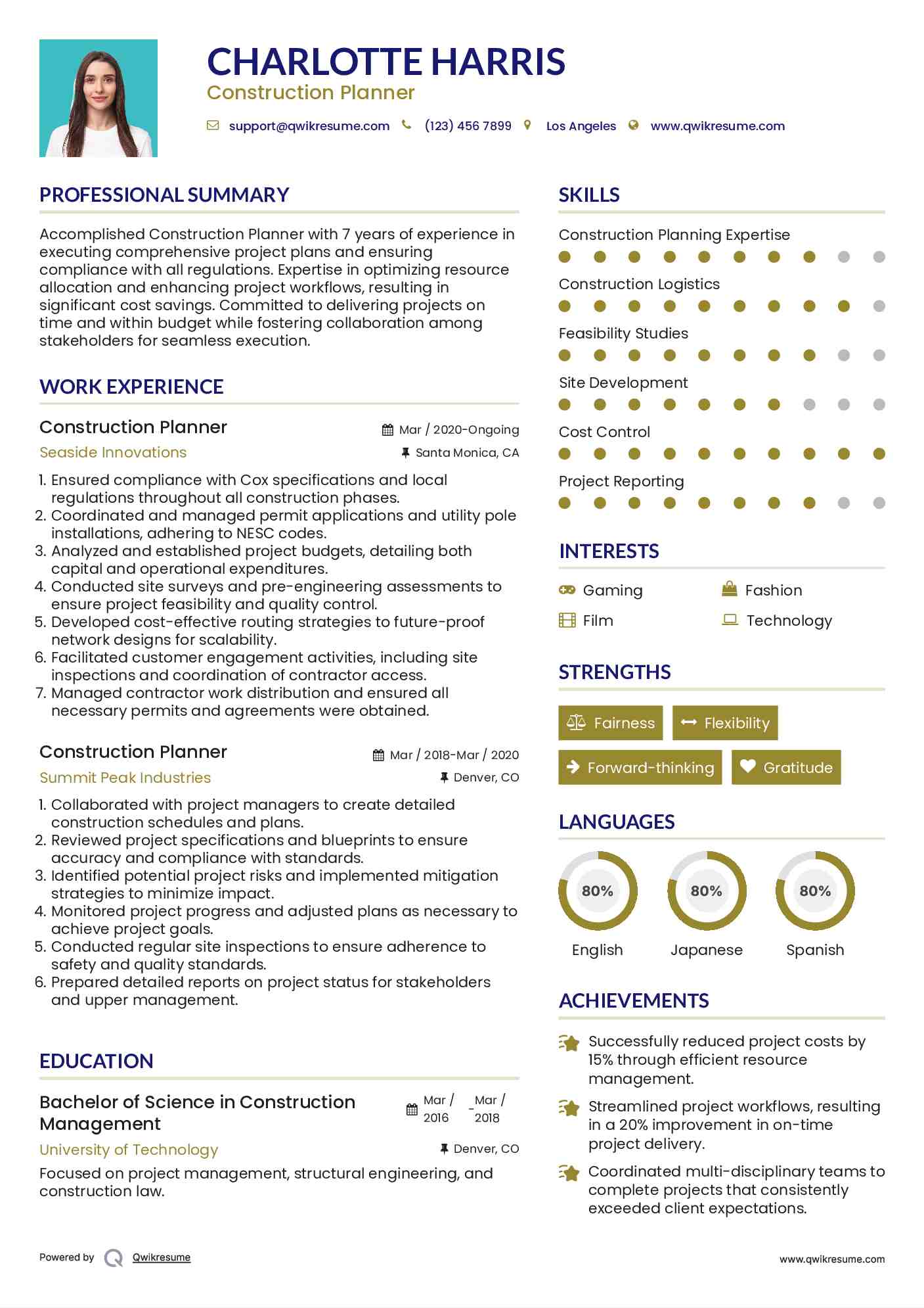 Construction Planner Resume Sample