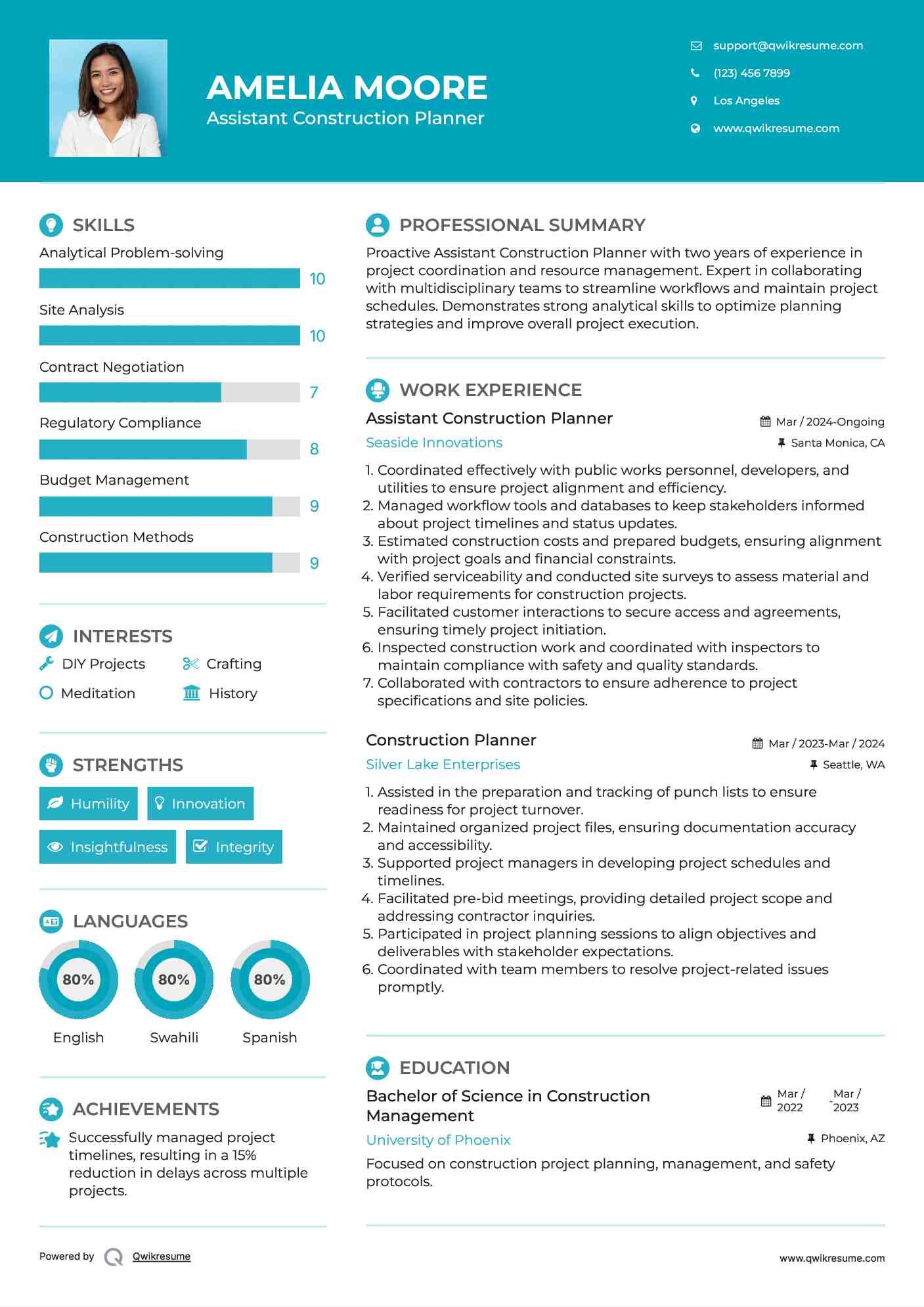 Assistant Construction Planner Resume Format