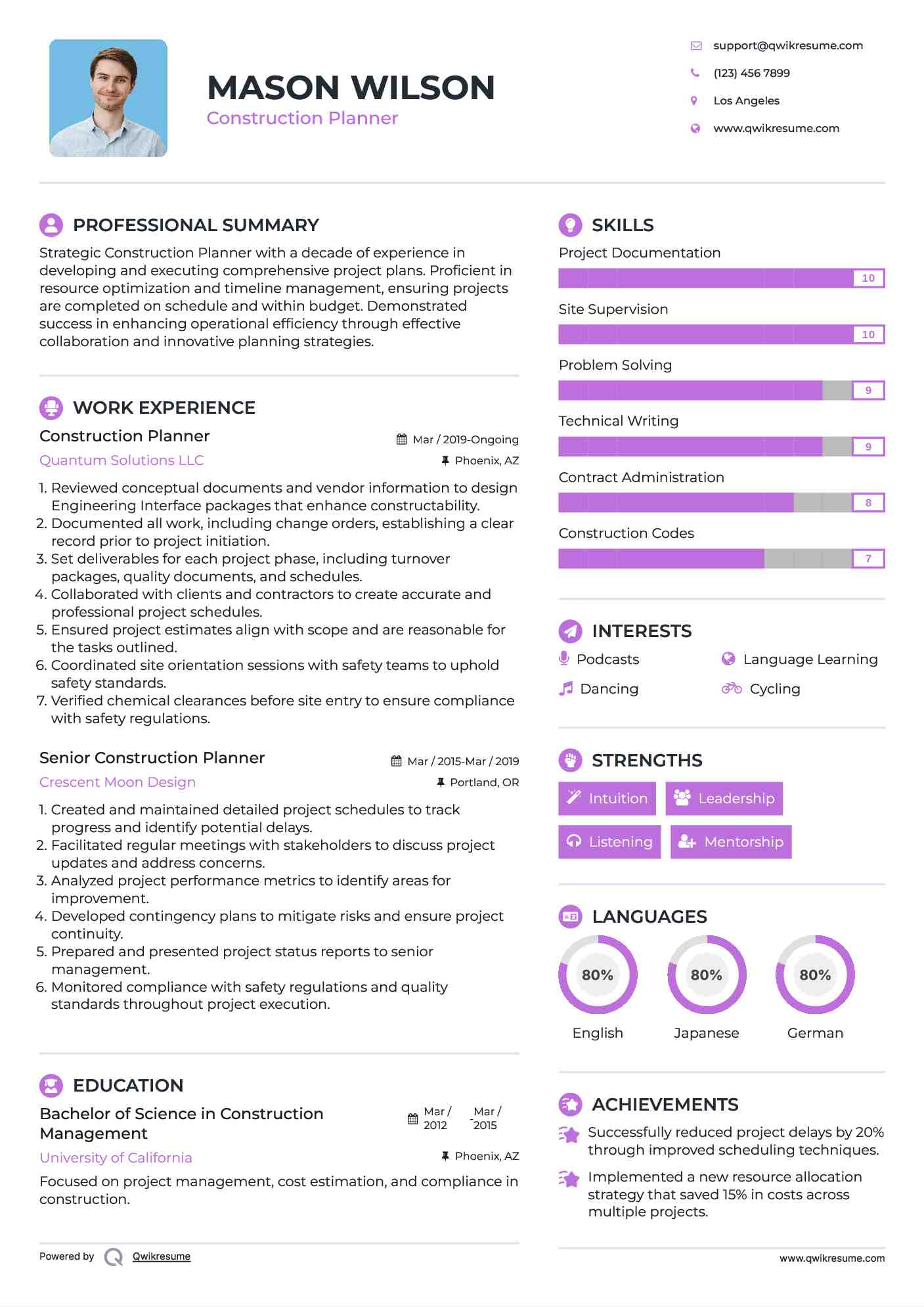 Construction Planner Resume Format