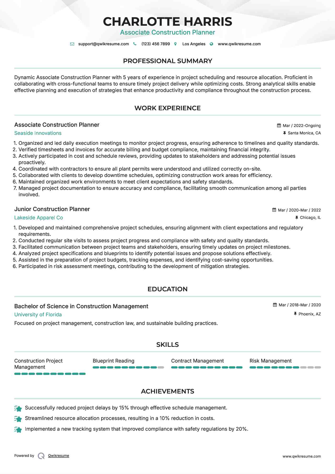 Associate Construction Planner Resume Format