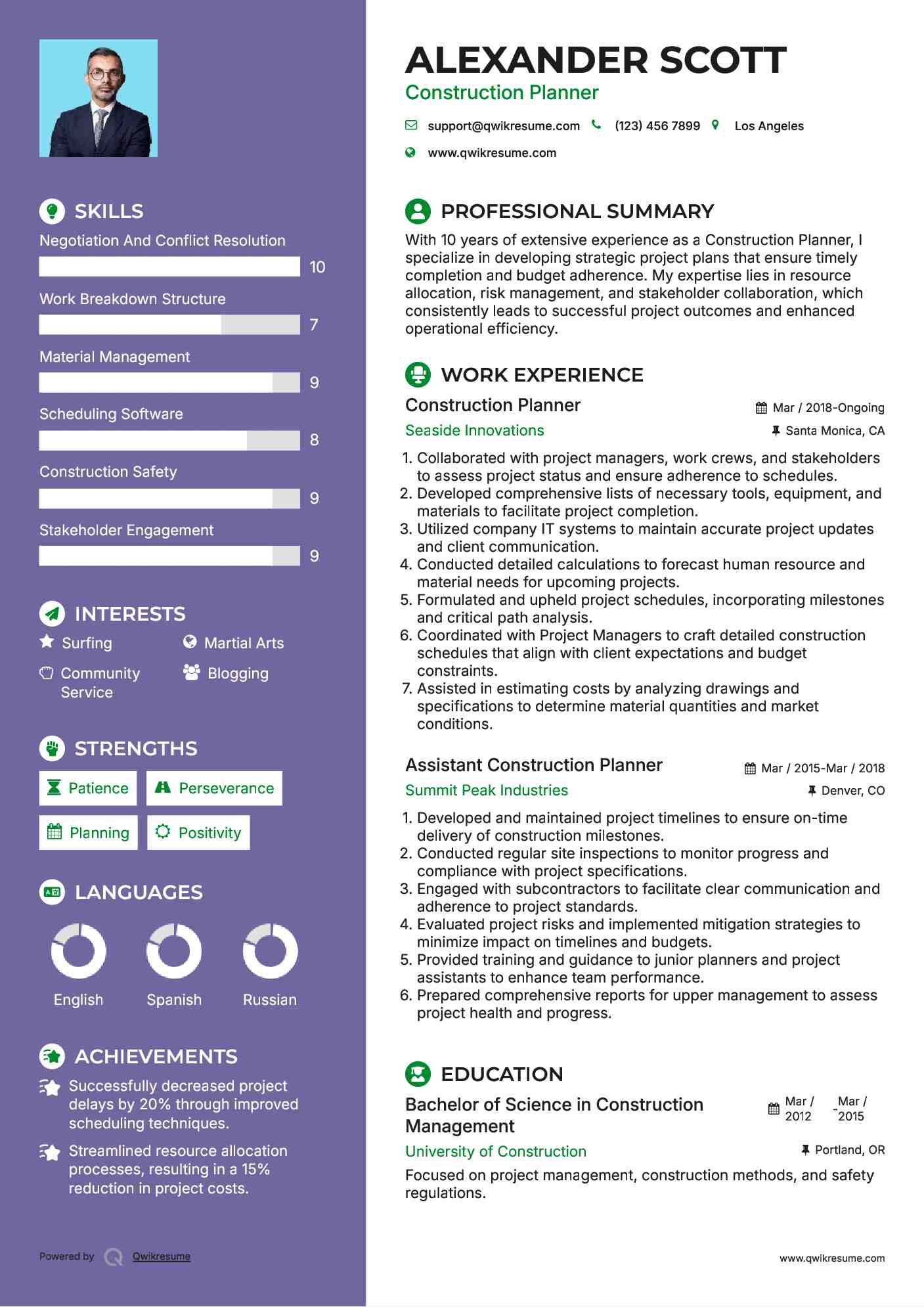 Construction Planner Resume Model