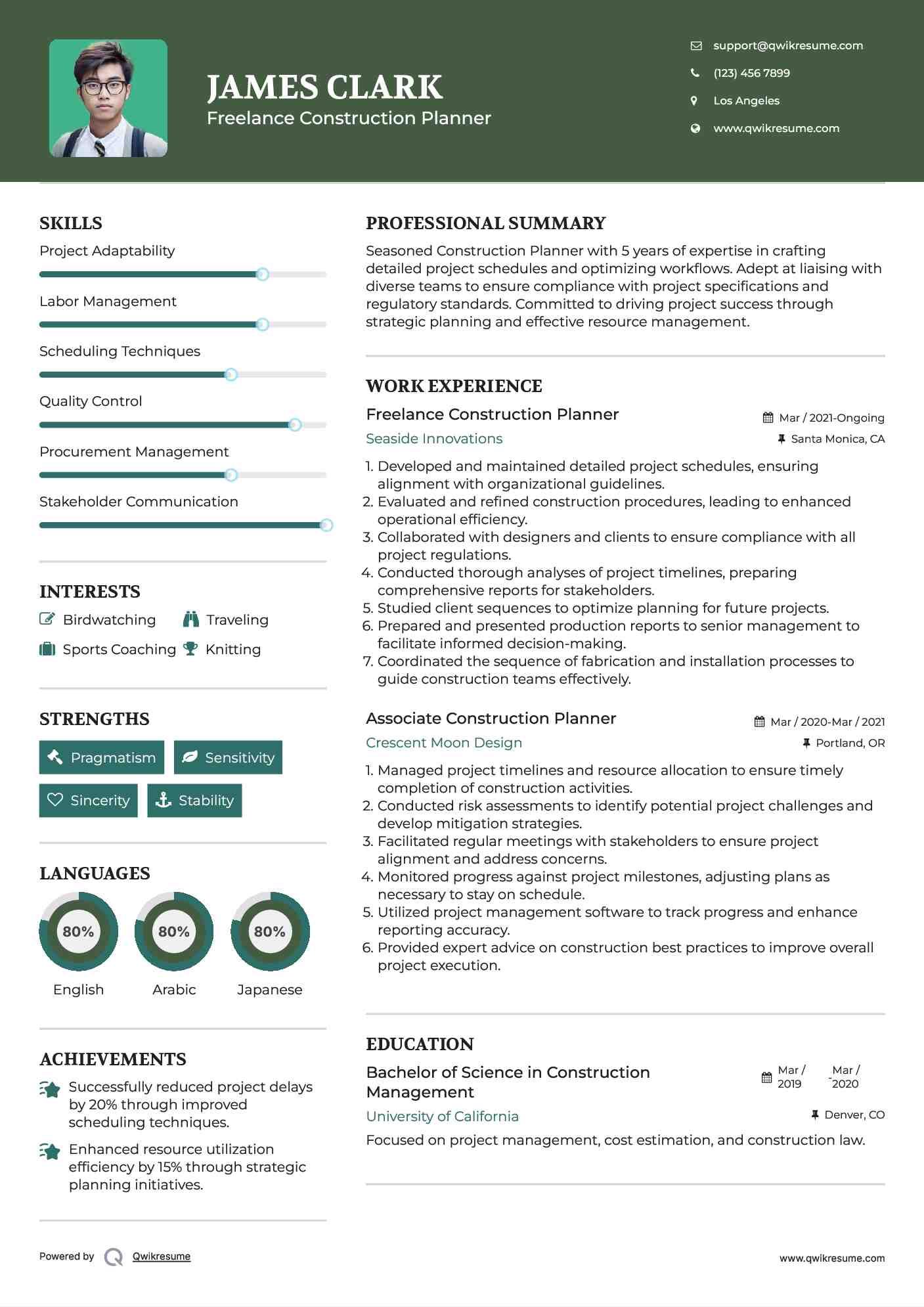 Freelance Construction Planner Resume Model