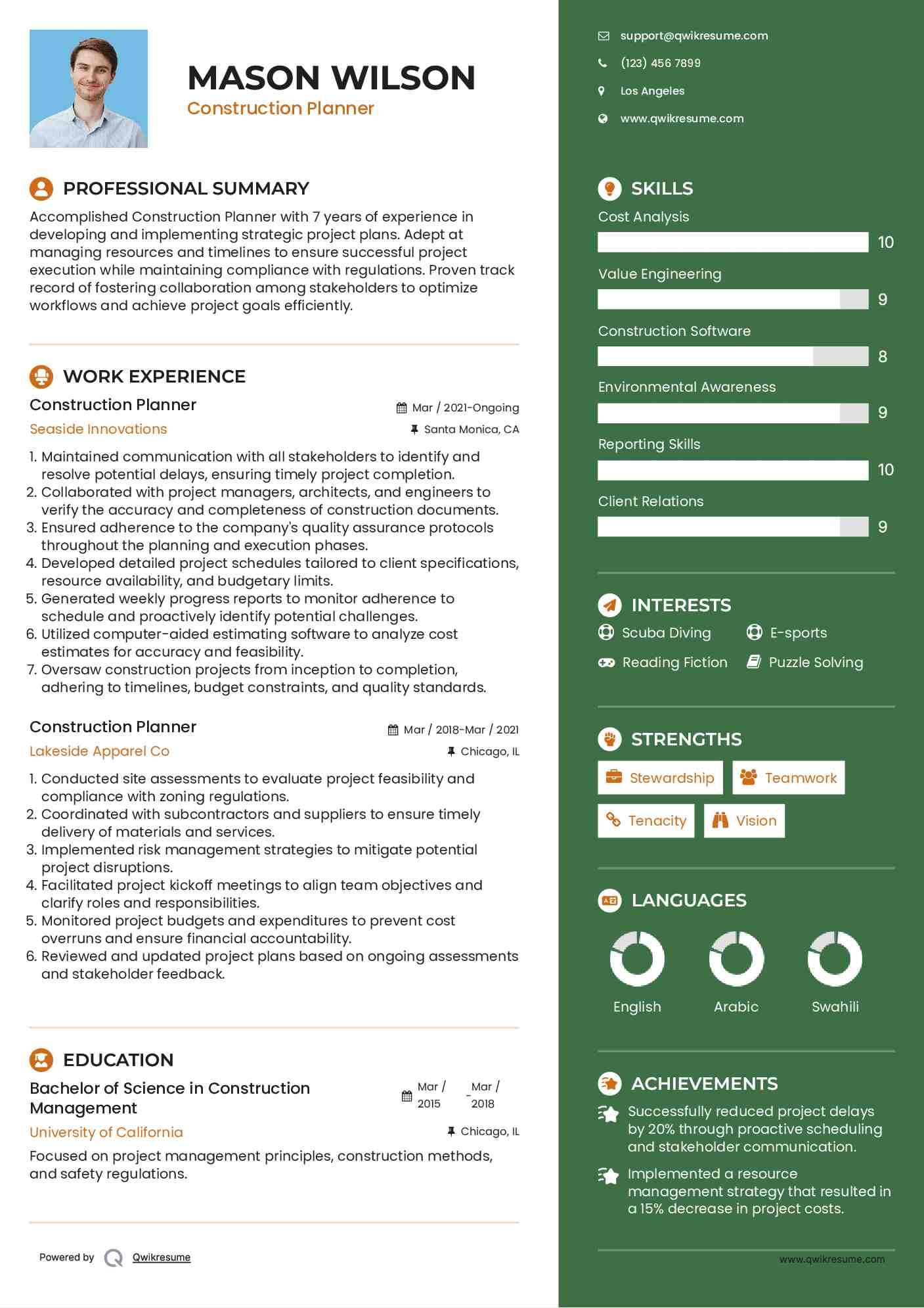 Construction Planner Resume Model