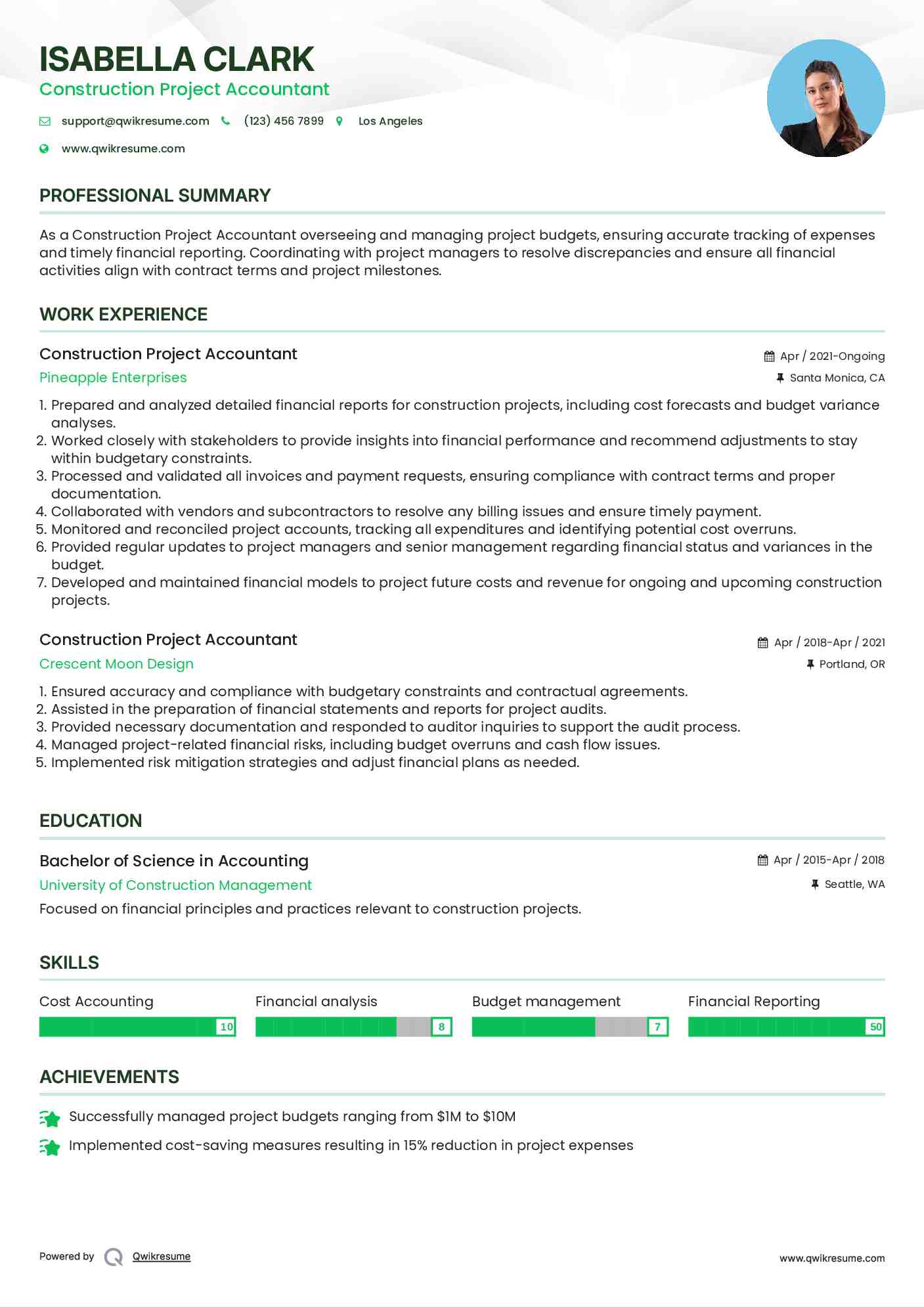 Construction Project Accountant Resume Template