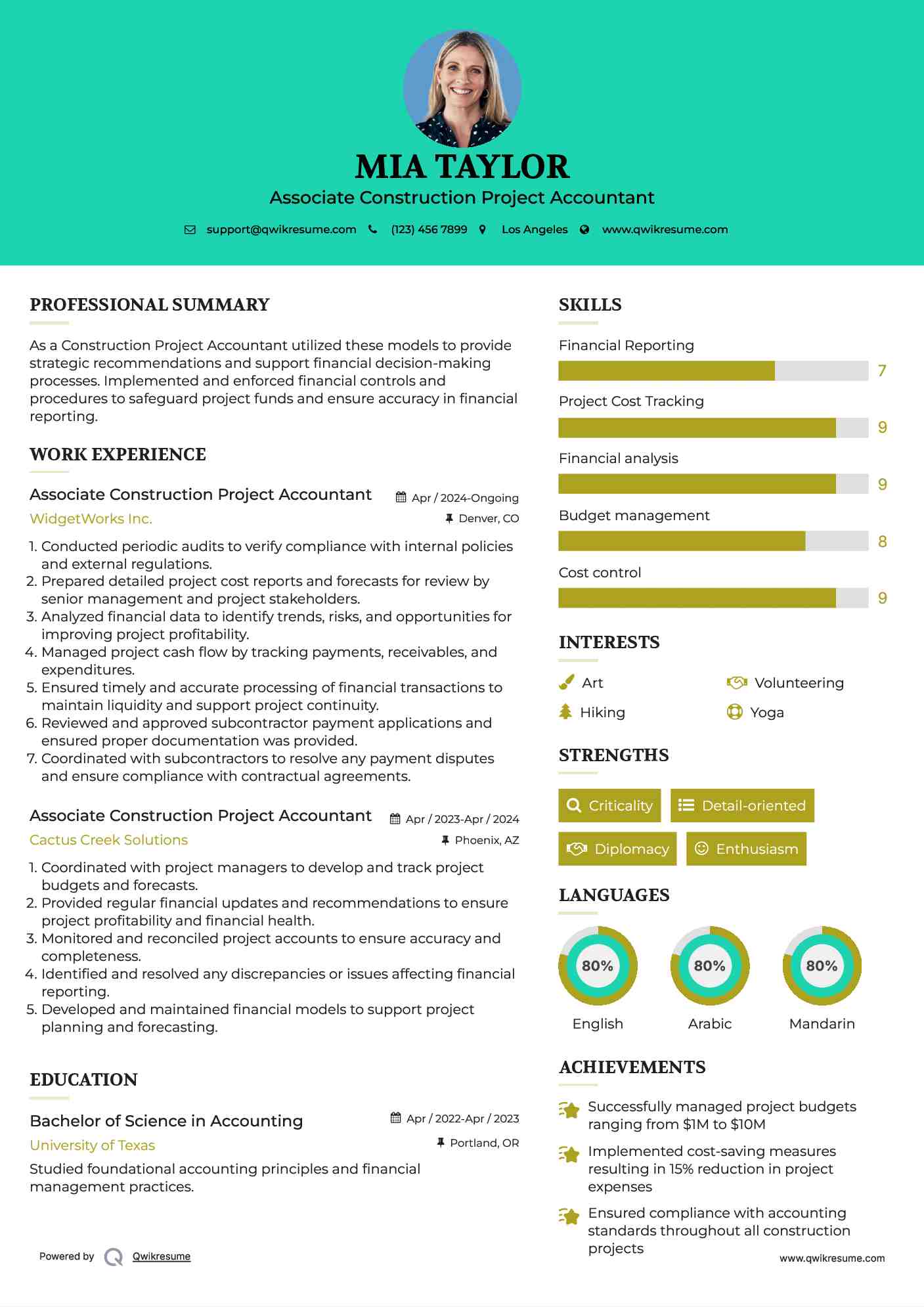 Associate Construction Project Accountant Resume Model
