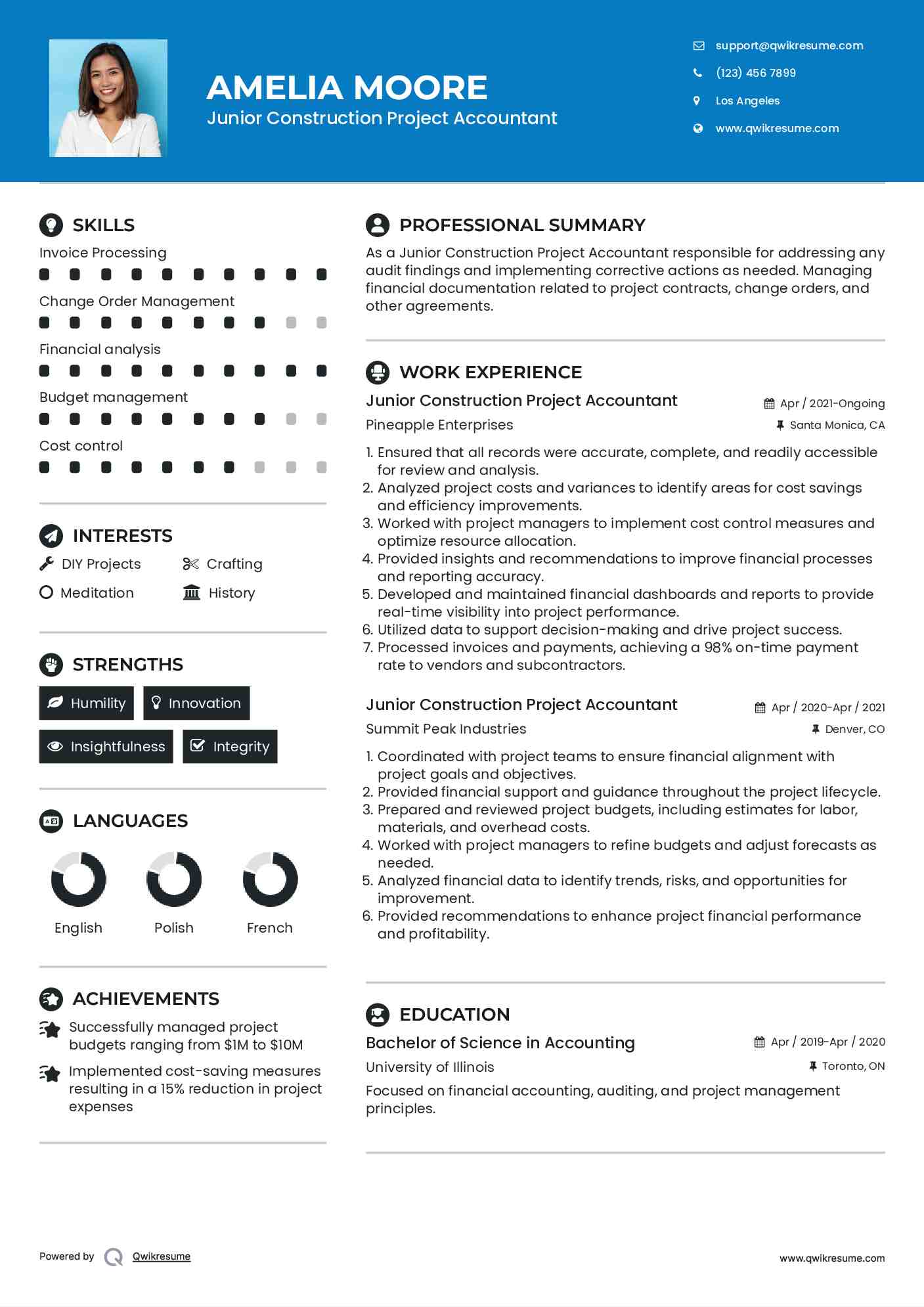 Junior Construction Project Accountant Resume Model