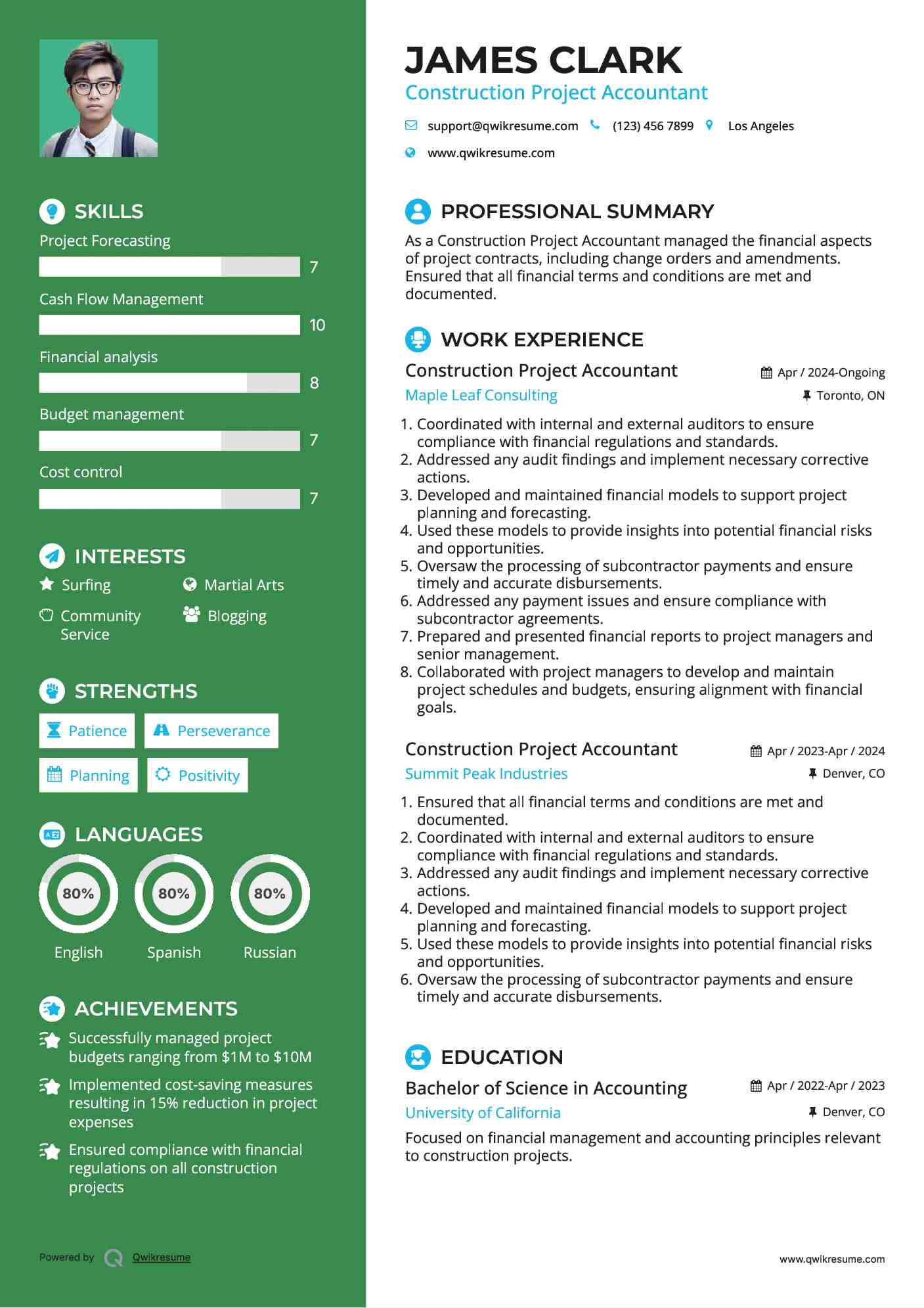 Construction Project Accountant Resume Sample