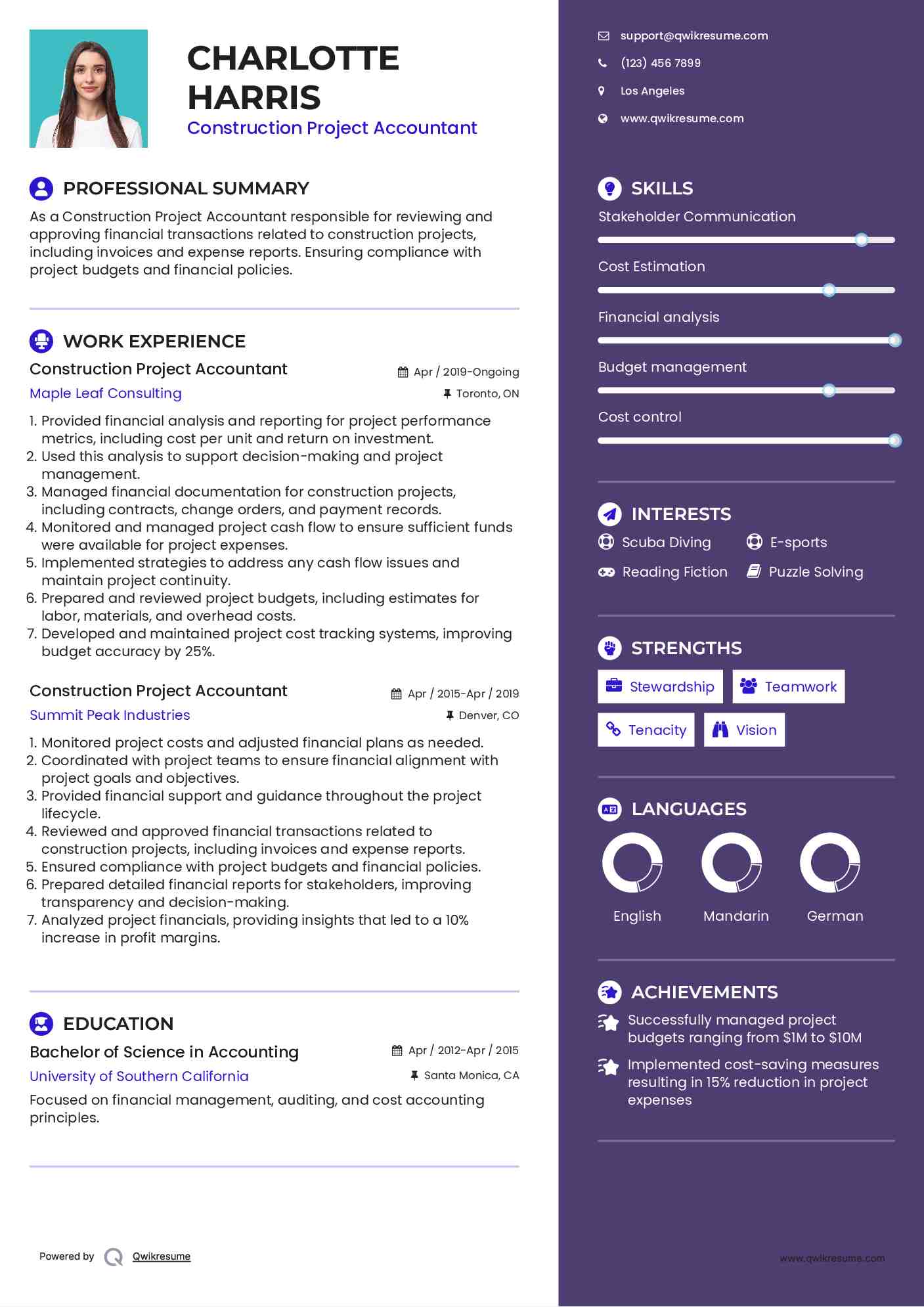 Construction Project Accountant Resume Sample