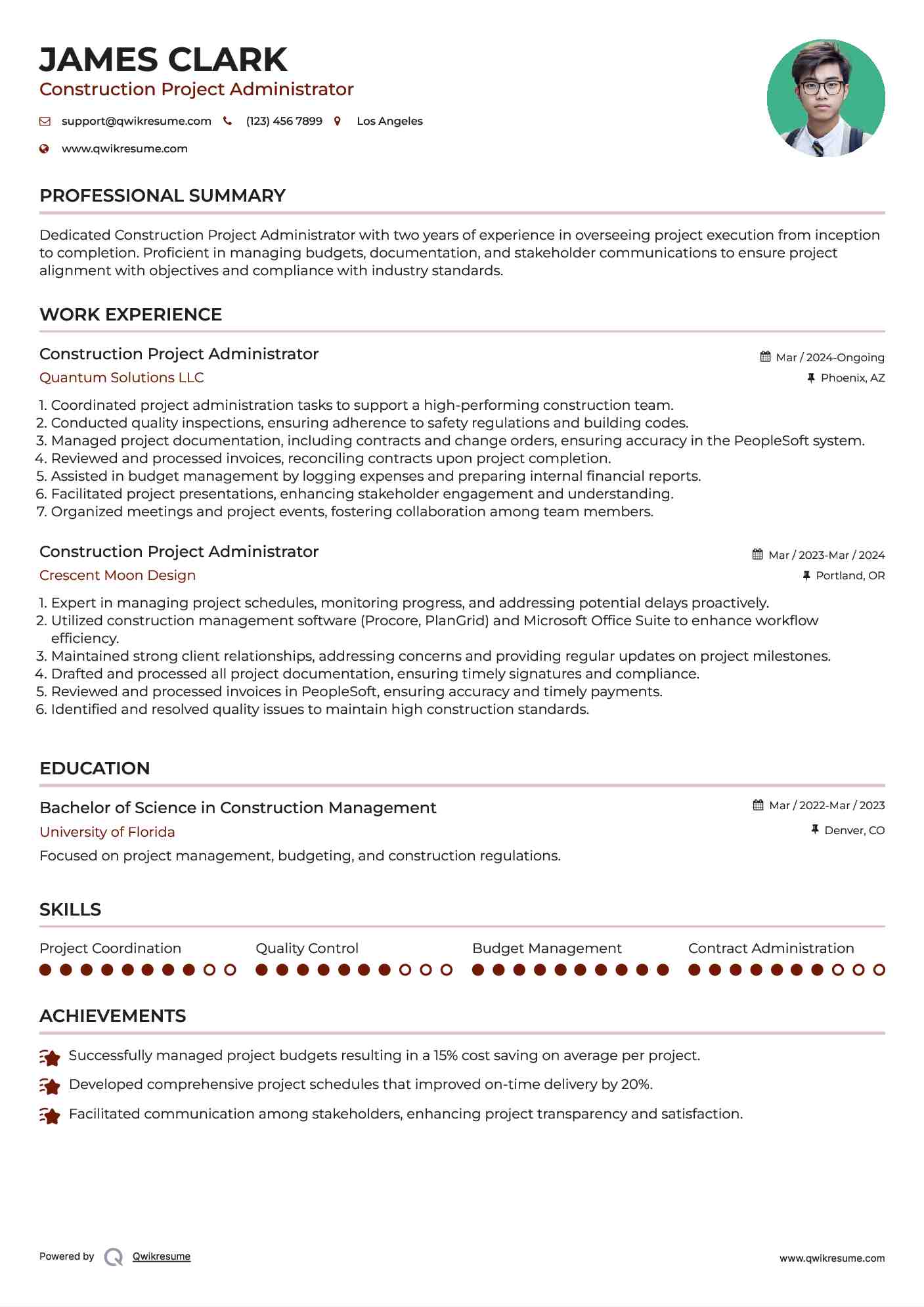 Construction Project Administrator Resume Format