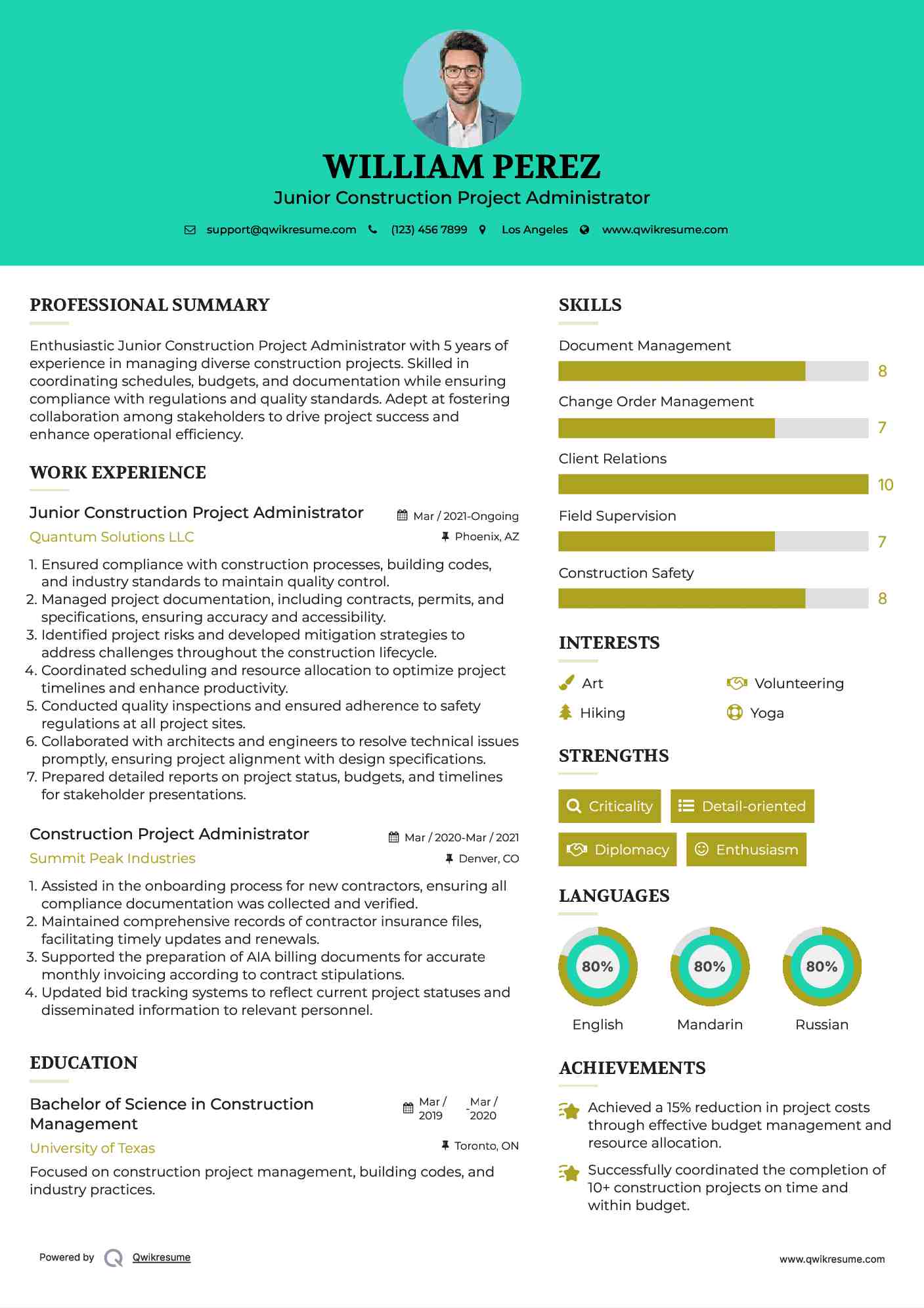 Junior Construction Project Administrator Resume Model
