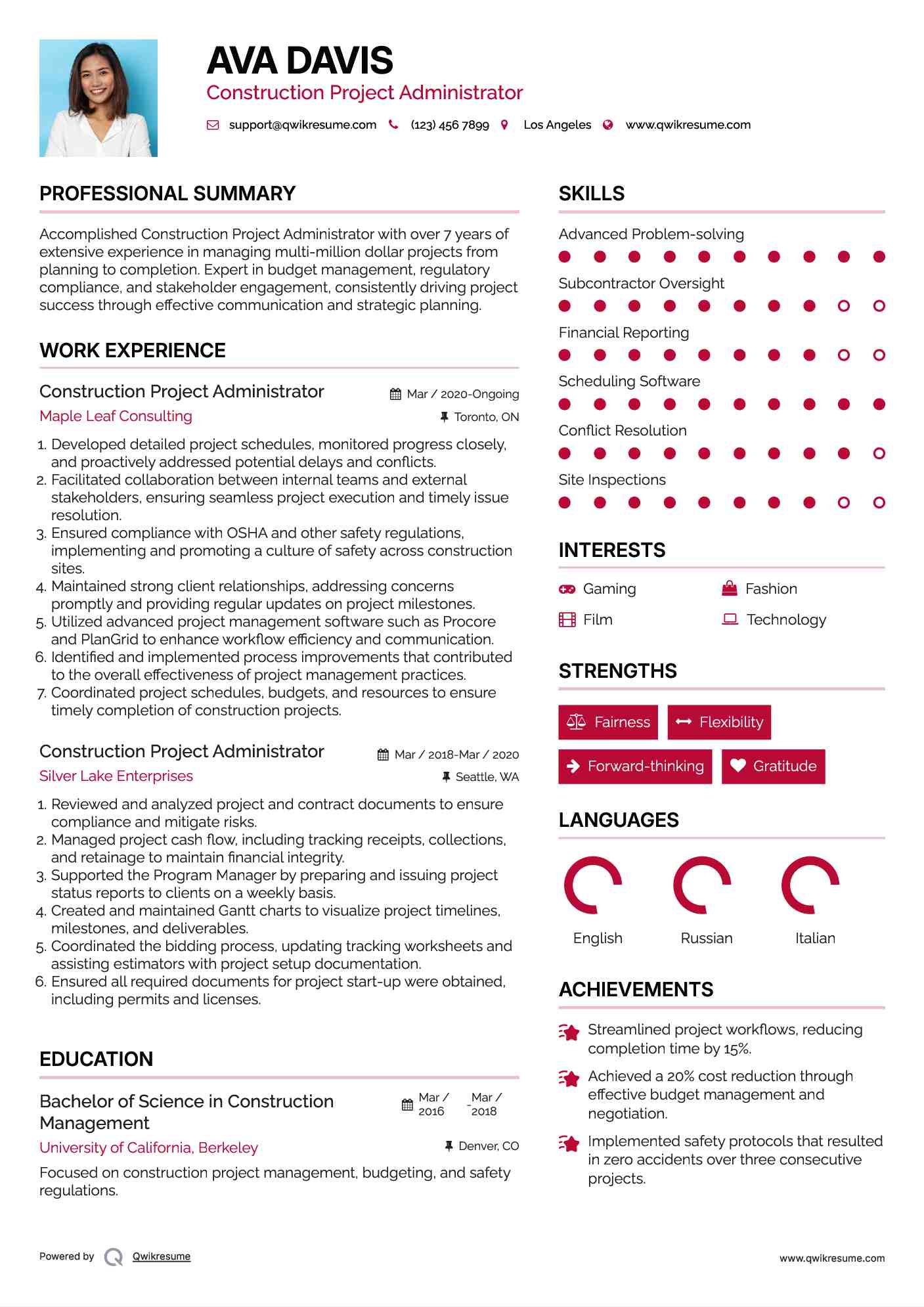 Construction Project Administrator Resume Sample