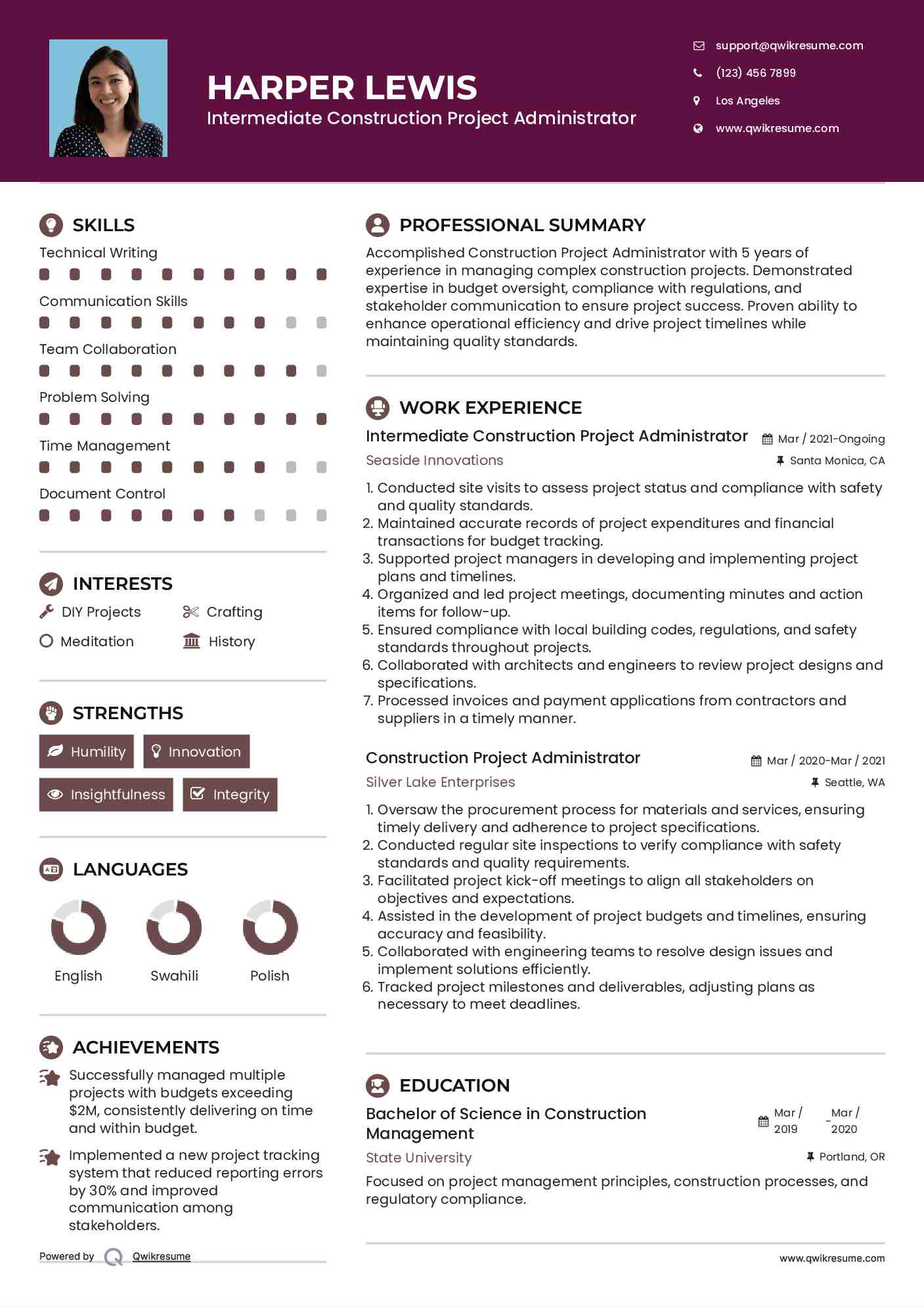 Intermediate Construction Project Administrator Resume Example