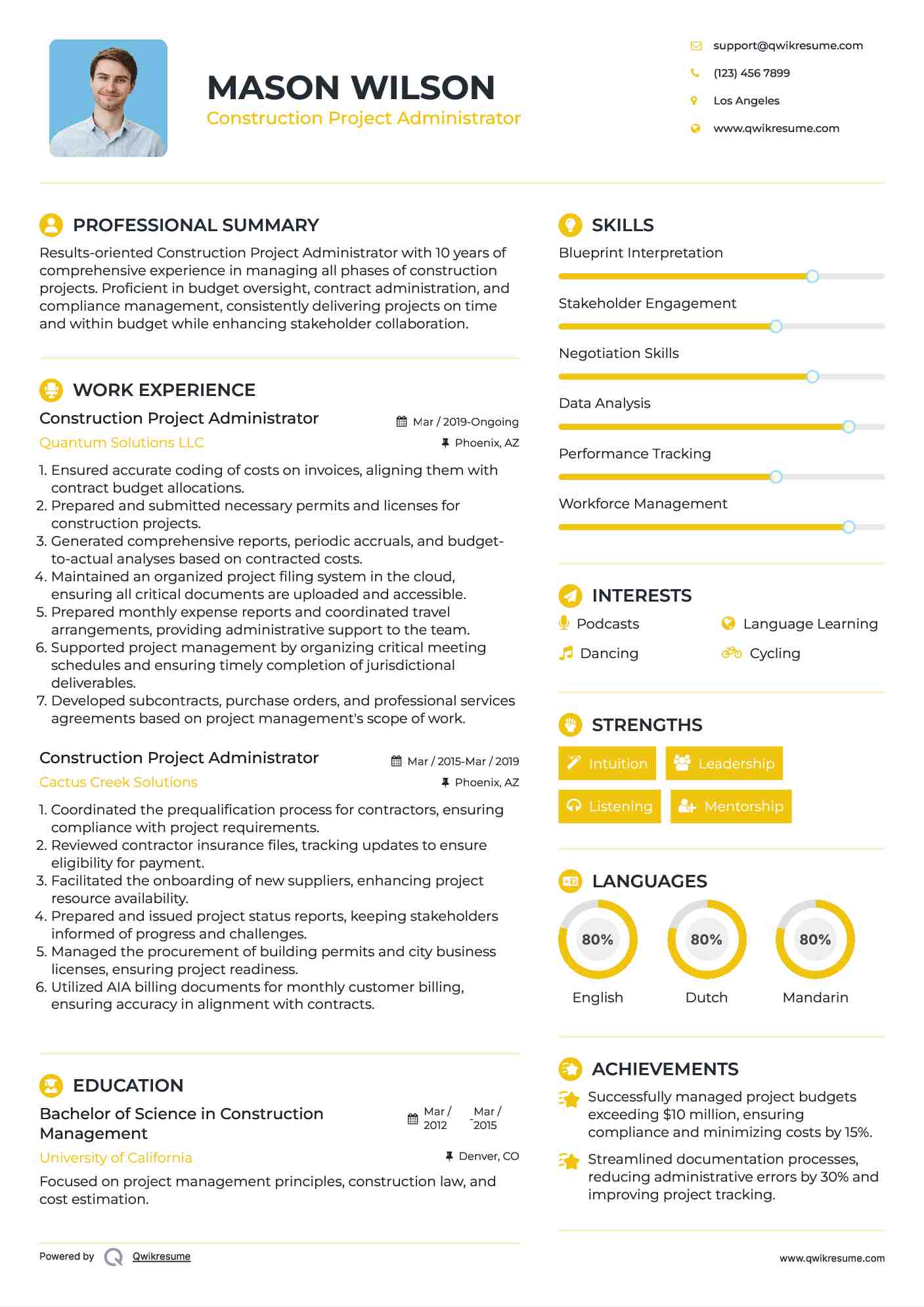 Construction Project Administrator Resume Example