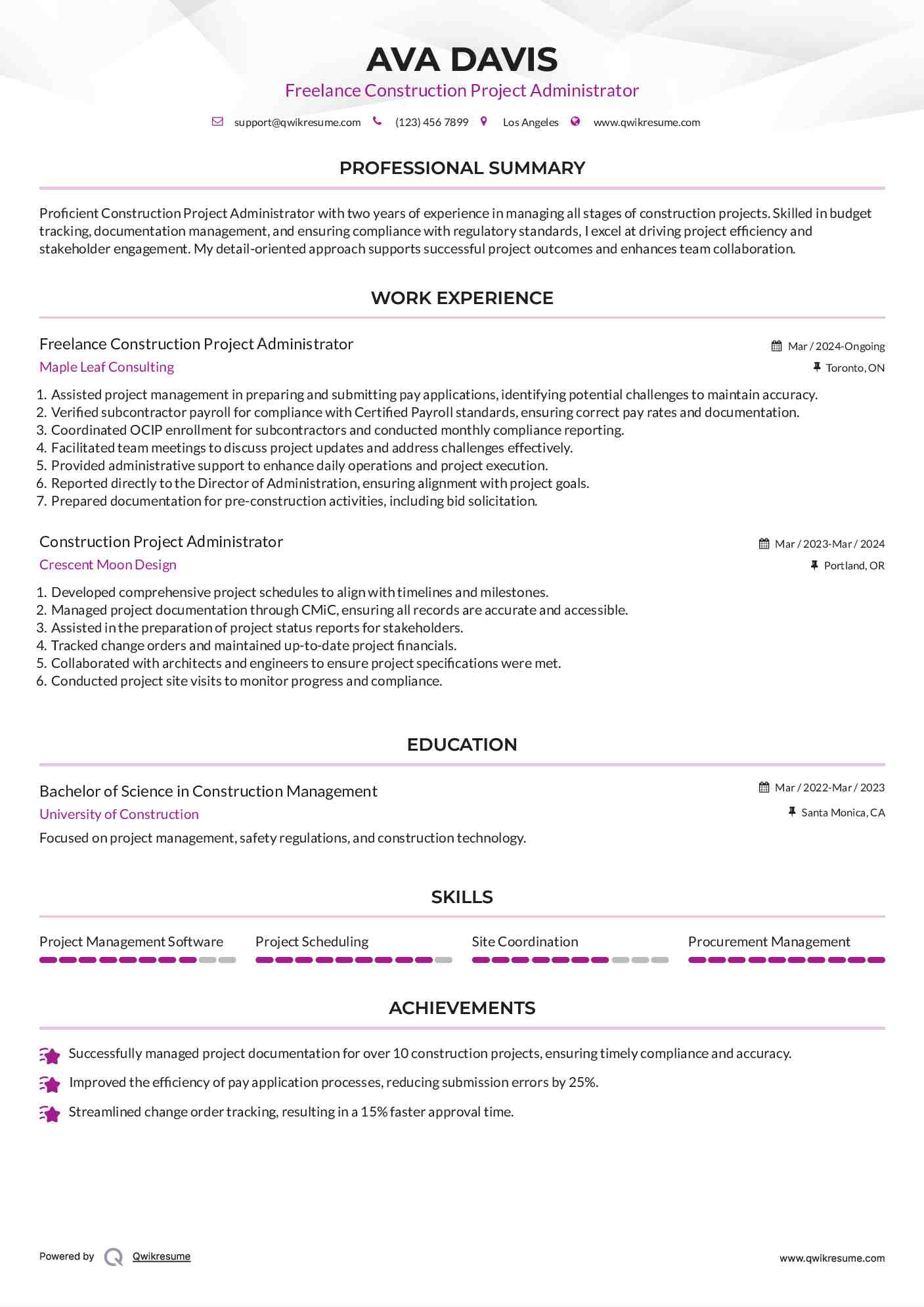 Freelance Construction Project Administrator Resume Format
