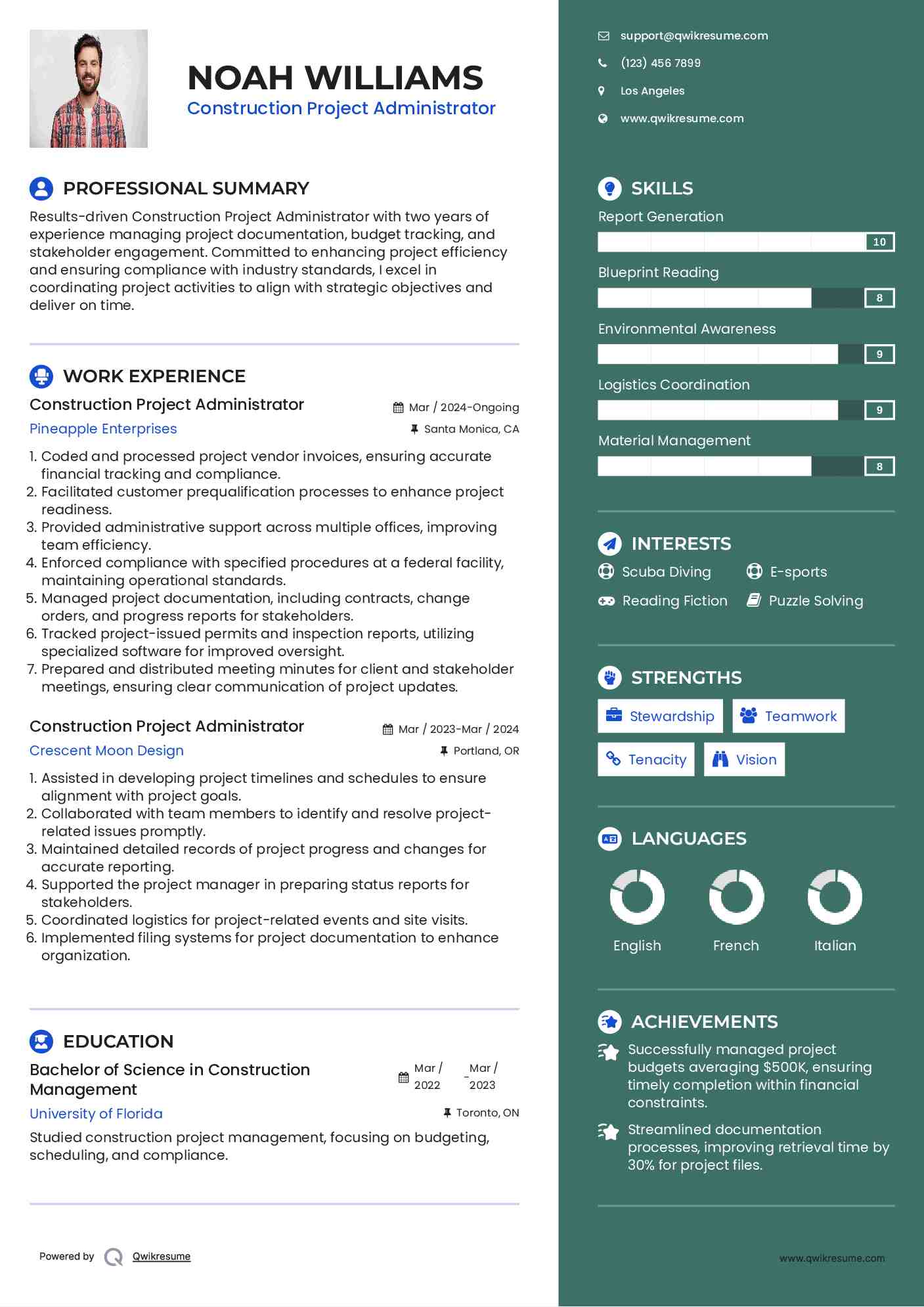 Construction Project Administrator Resume Format