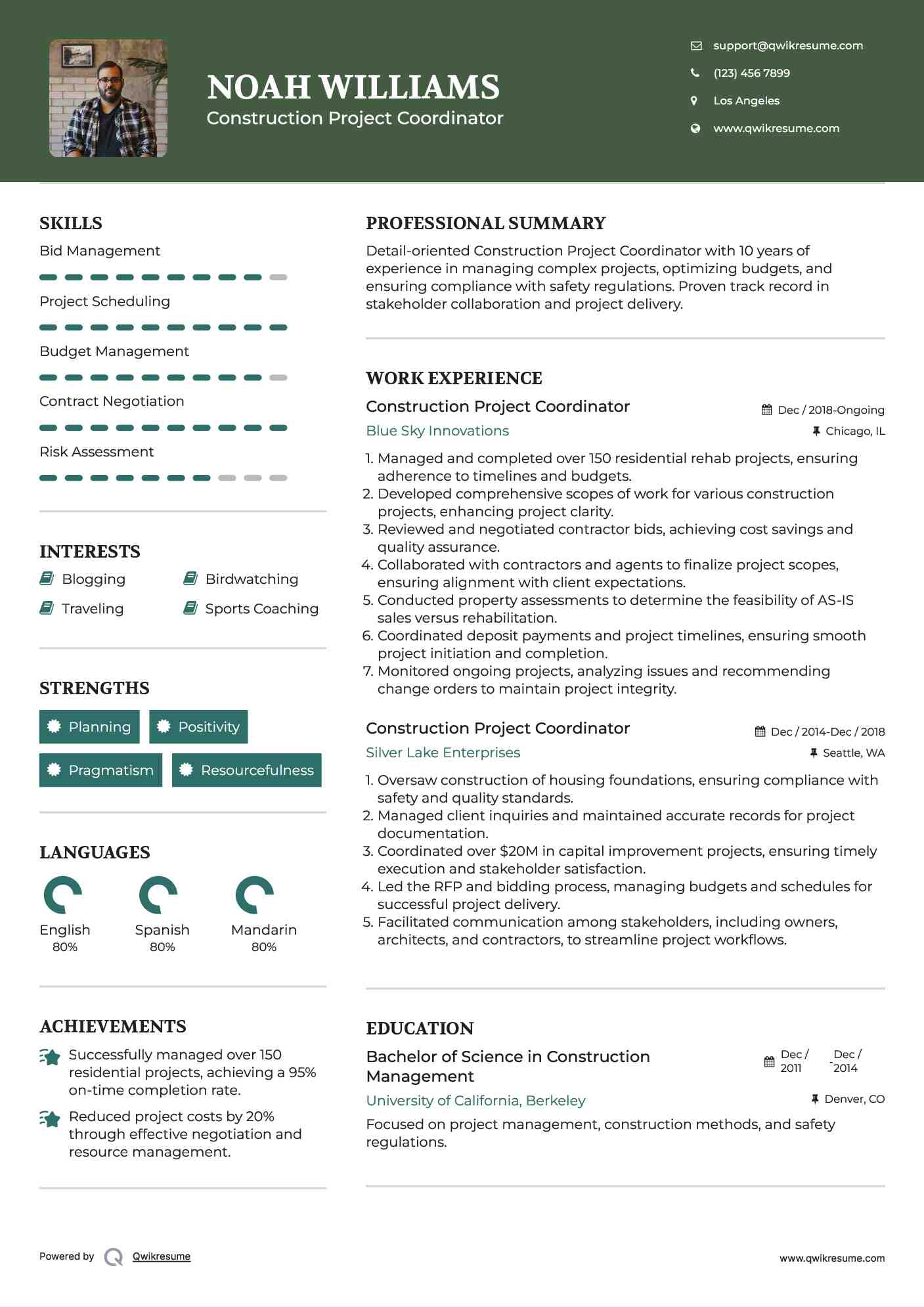 Construction Project Coordinator Resume Example