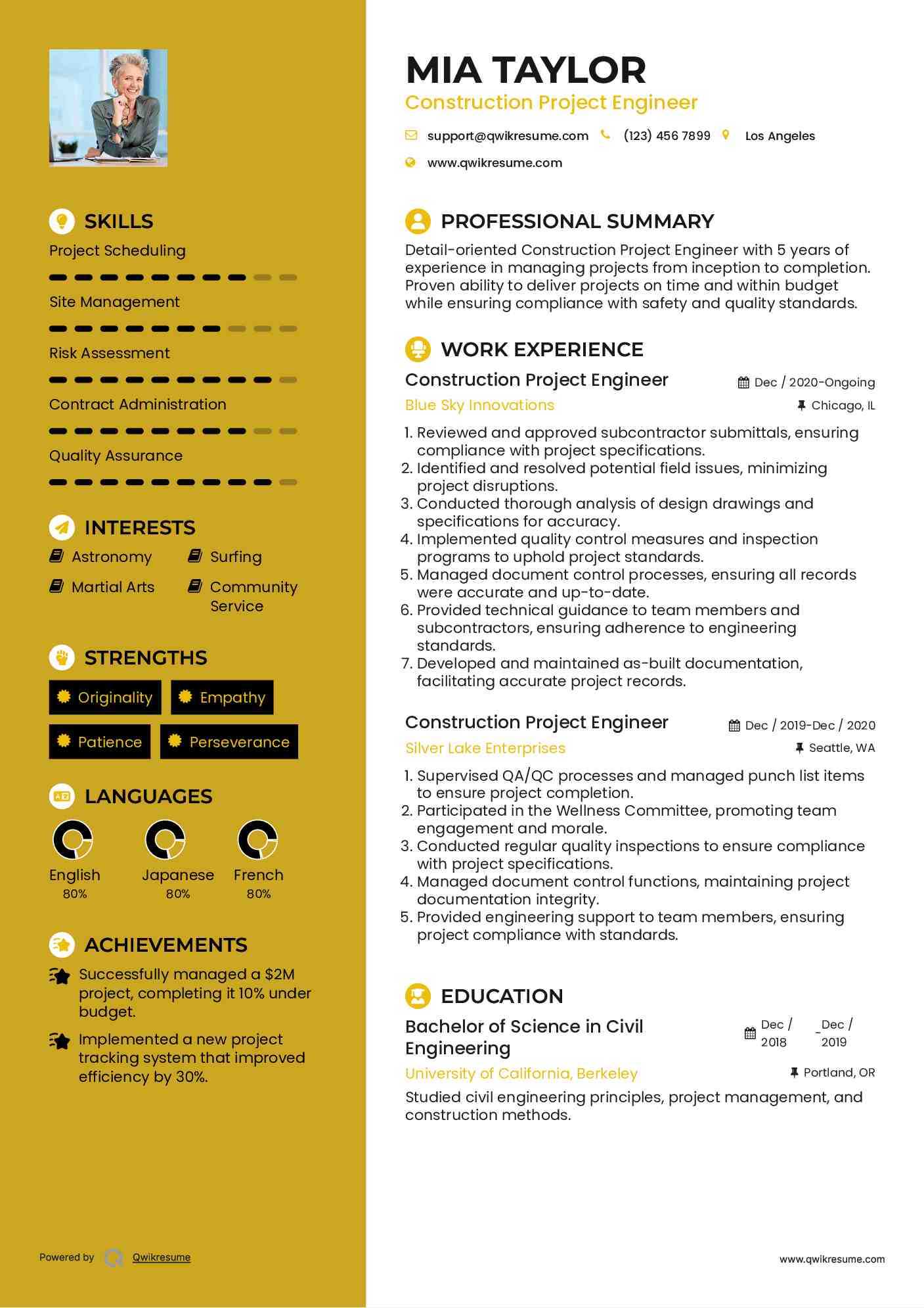 Construction Project Engineer Resume Example