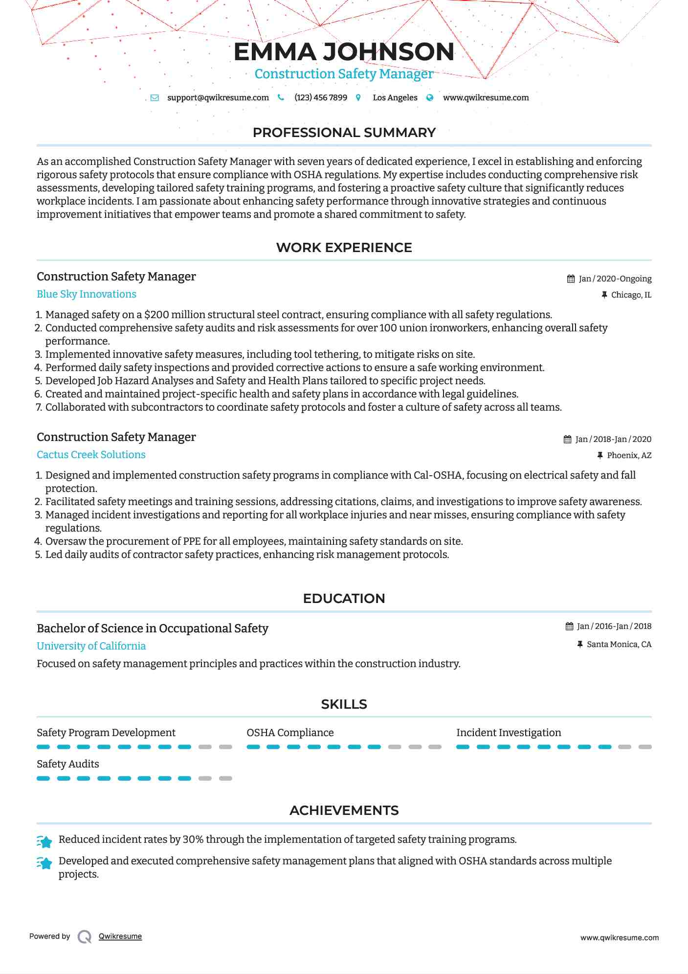 Construction Safety Manager Resume Sample