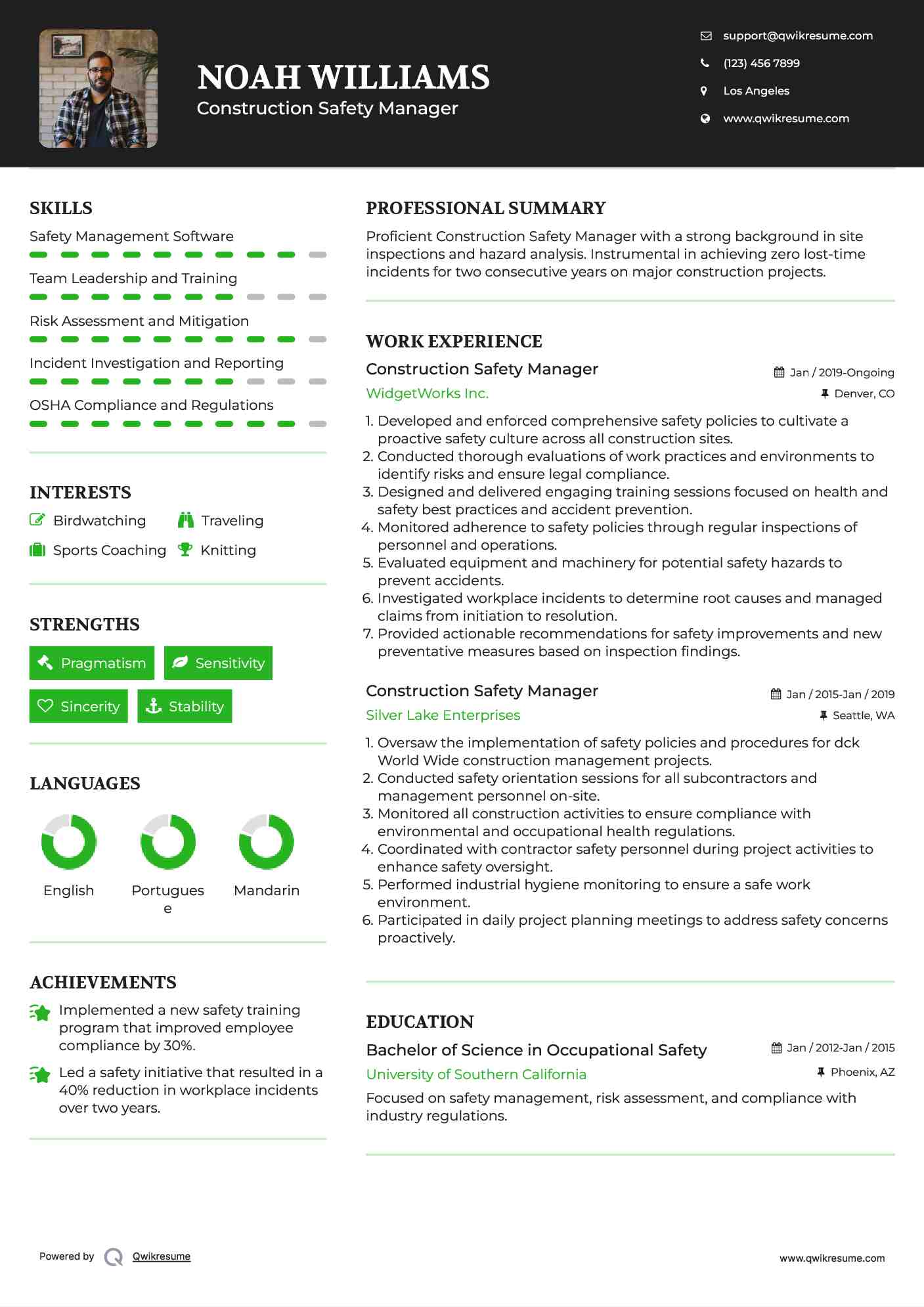 Construction Safety Manager Resume Model